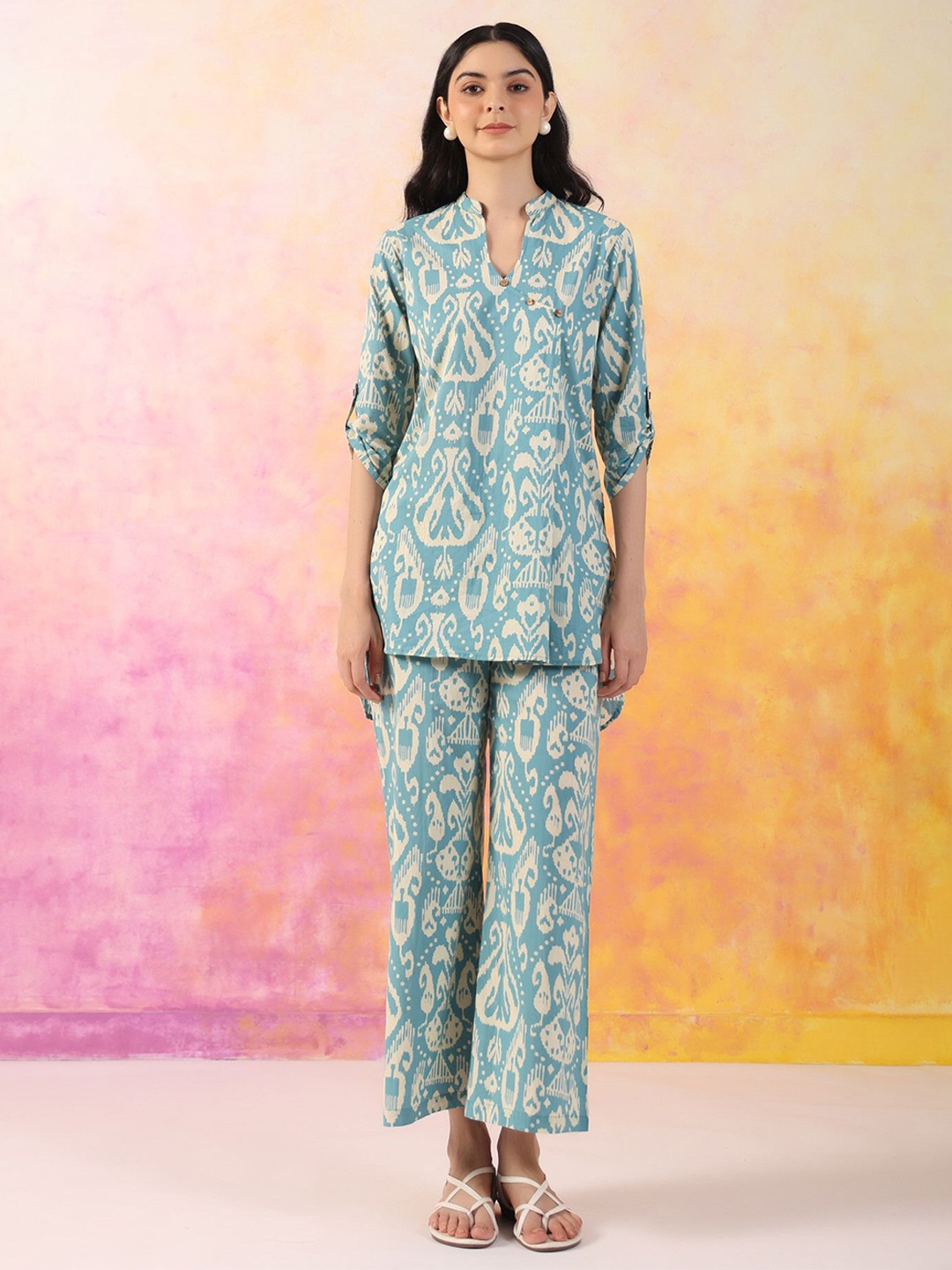 

JISORA Printed Pure Cotton Mandarin Collar Top With Palazzo, Blue