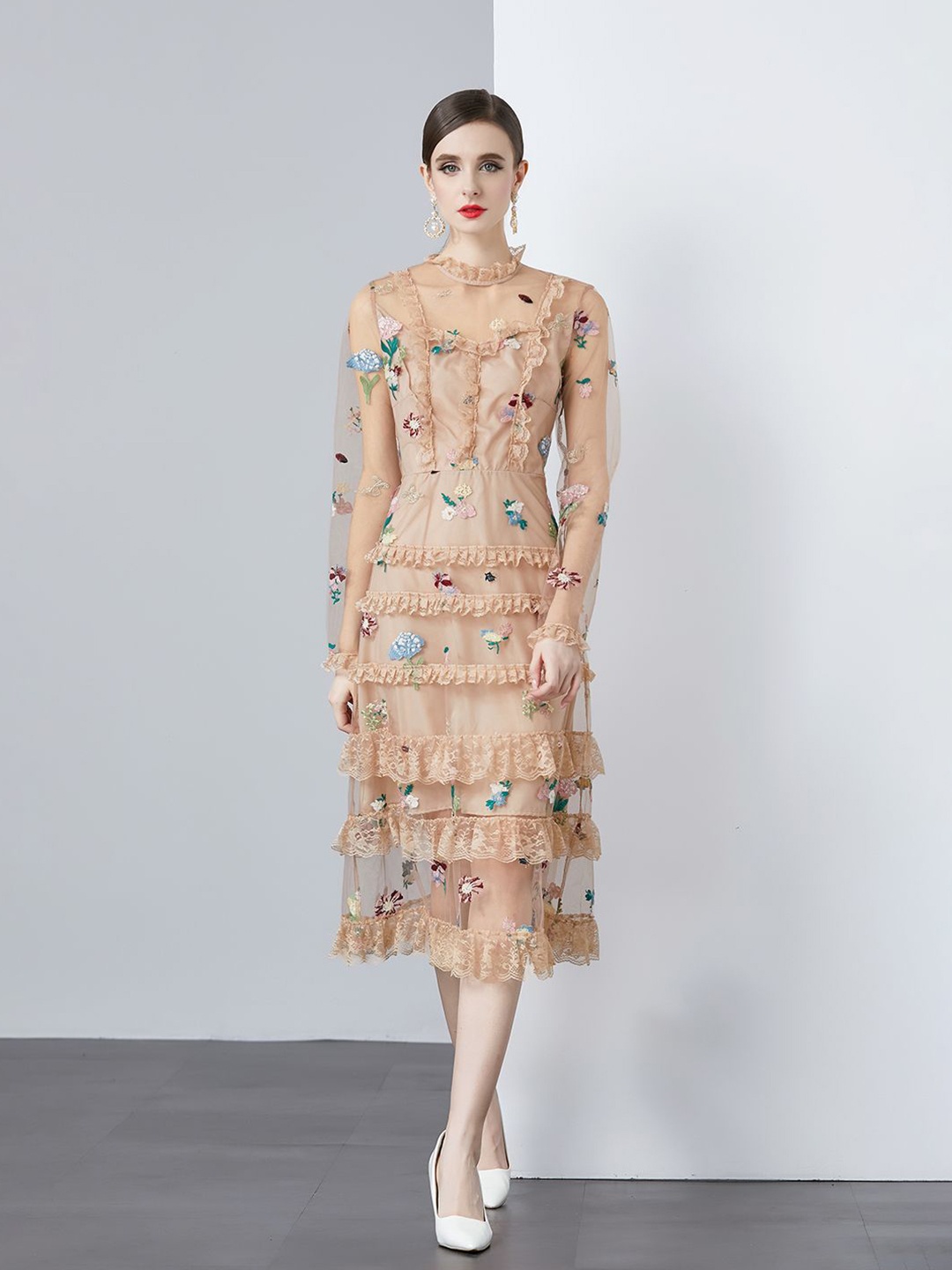 

JC Collection Women Floral A-Line Midi Dress, Beige