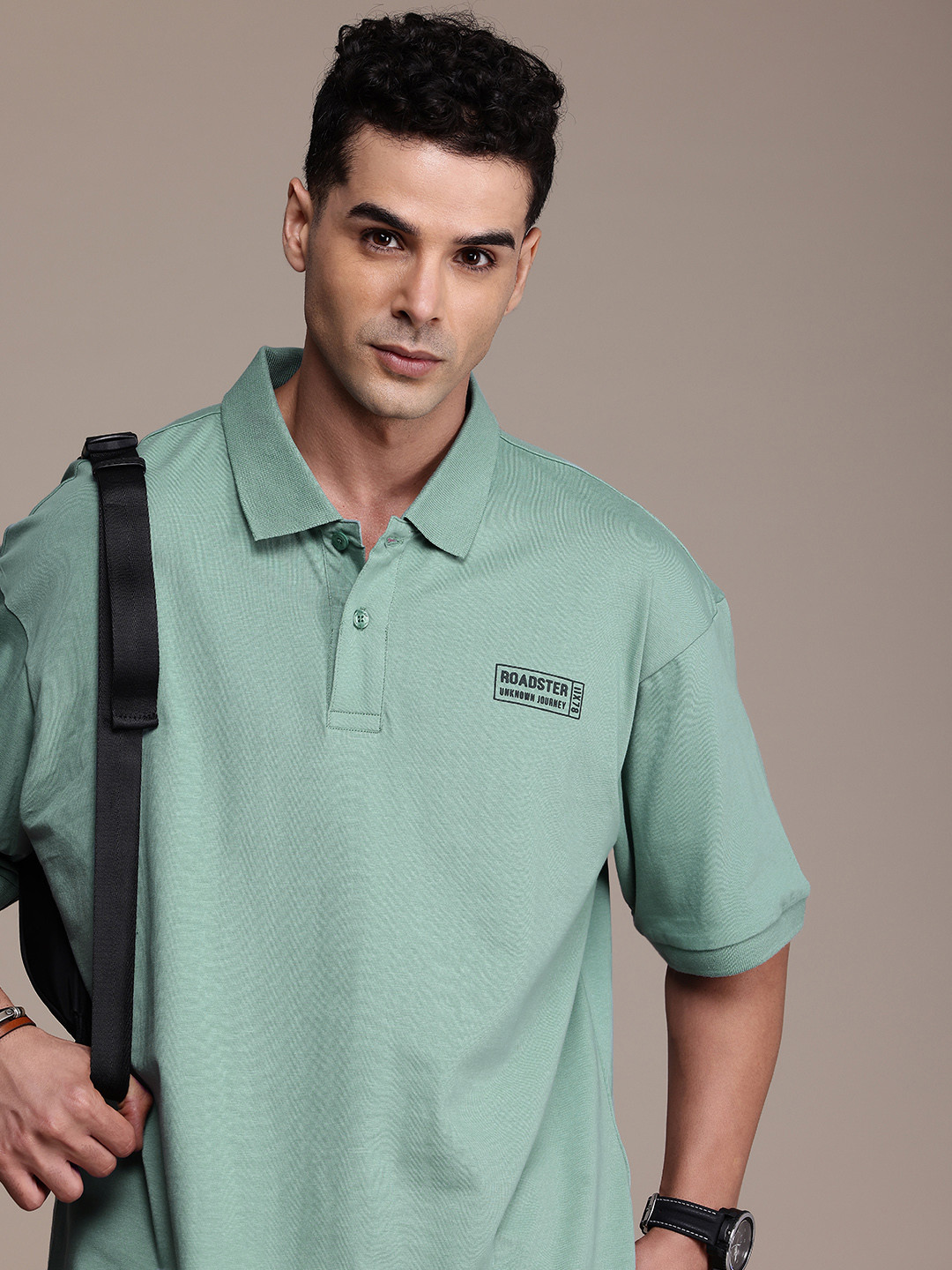 

The Roadster Life Co. Polo Collar Relaxed Fit Drop-Shoulder Sleeves Pure Cotton T-shirt, Green