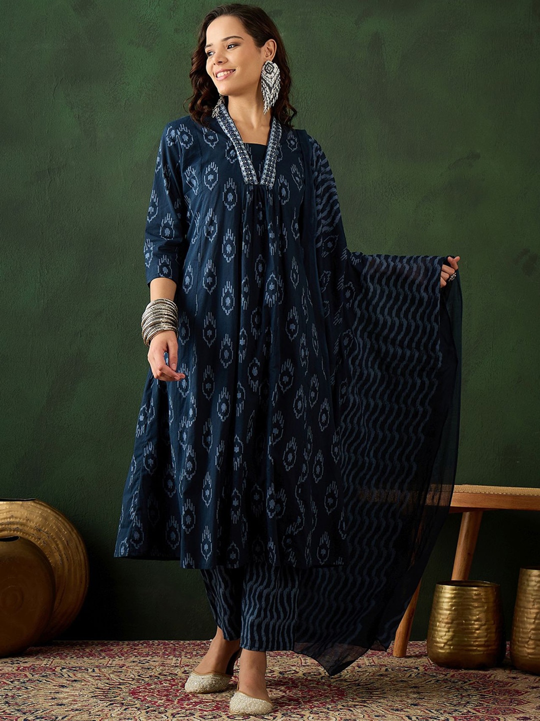 

Sangria Blue Floral Embroidered Pure Cotton Mirror Work Kurta With Trouser & Dupatta