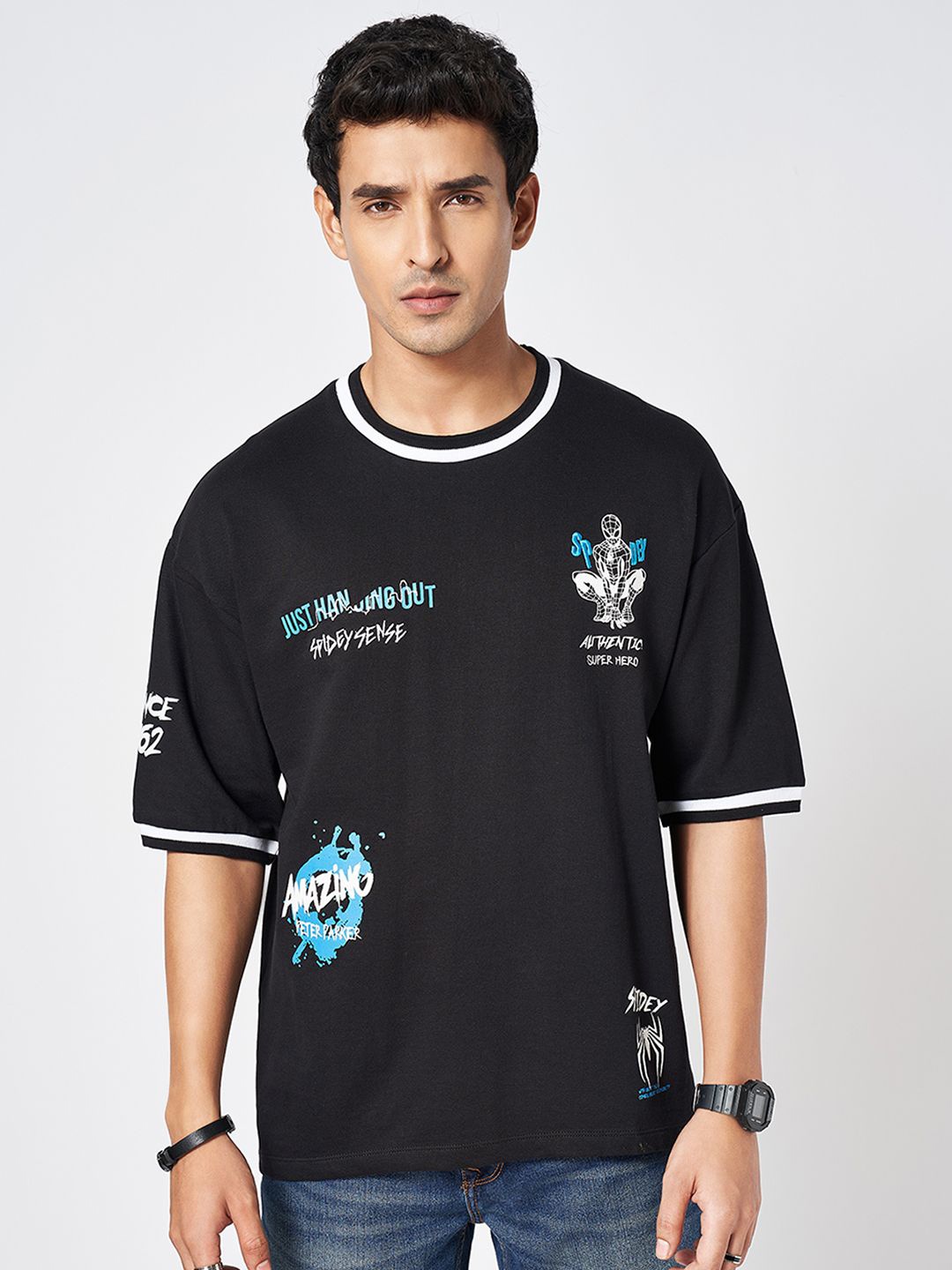 

SF JEANS by Pantaloons Men Typography Printed Round Neck Cotton Oversized T-shirt, Black
