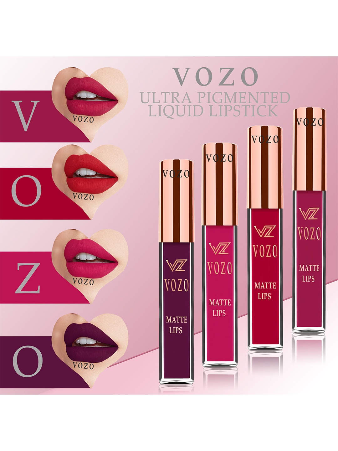 

VOZO Set Of 4 Stay-All-Day Matte Liquid Lipstick - 4 ml Each - 101-104-105-201, Red