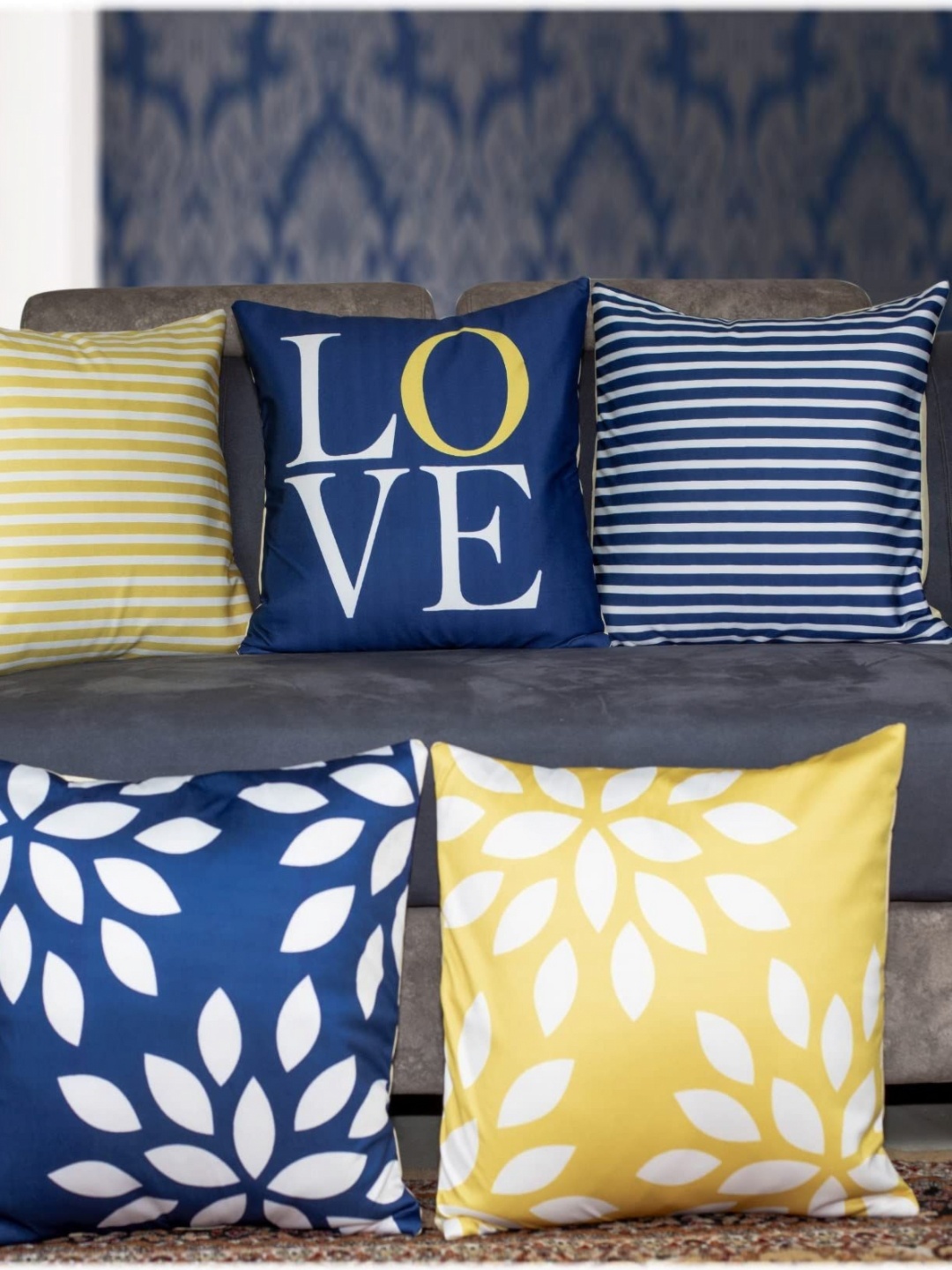 

Vendola Blue & Yellow 5 Pieces Floral Printed Square Cushion Covers