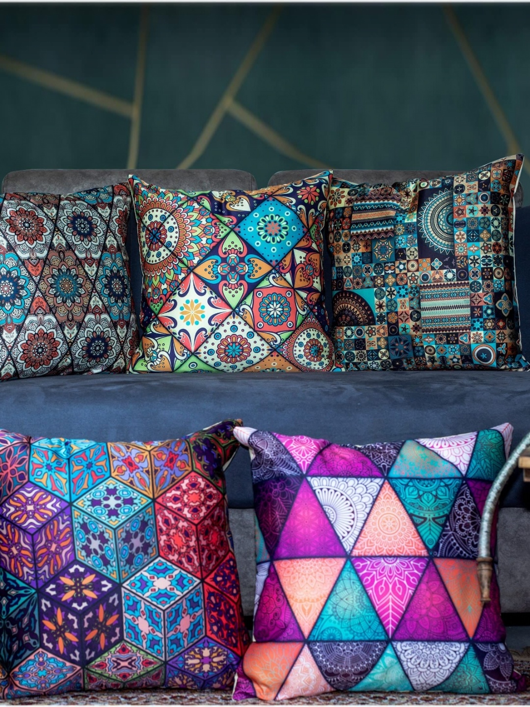 

Vendola Green & Blue 5 Pieces Ethnic Motifs Printed Satin Square Cushion Covers