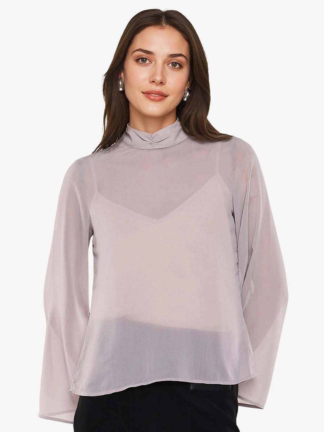 

RAREISM Women Solid High Neck Top, Grey