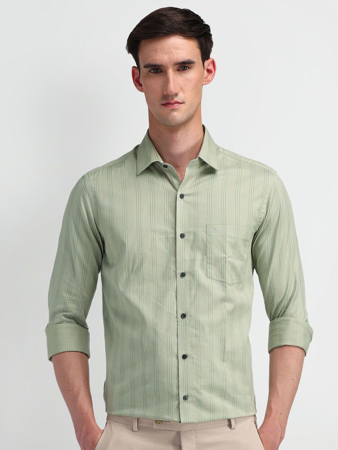 

Arrow Men Modern Slim Fit Opaque Striped Formal Shirt, Green
