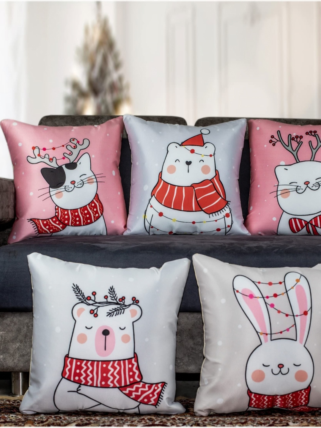 

Vendola White & Pink 5 Pieces Cartoon Characters Printed Satin Square Cushion Covers