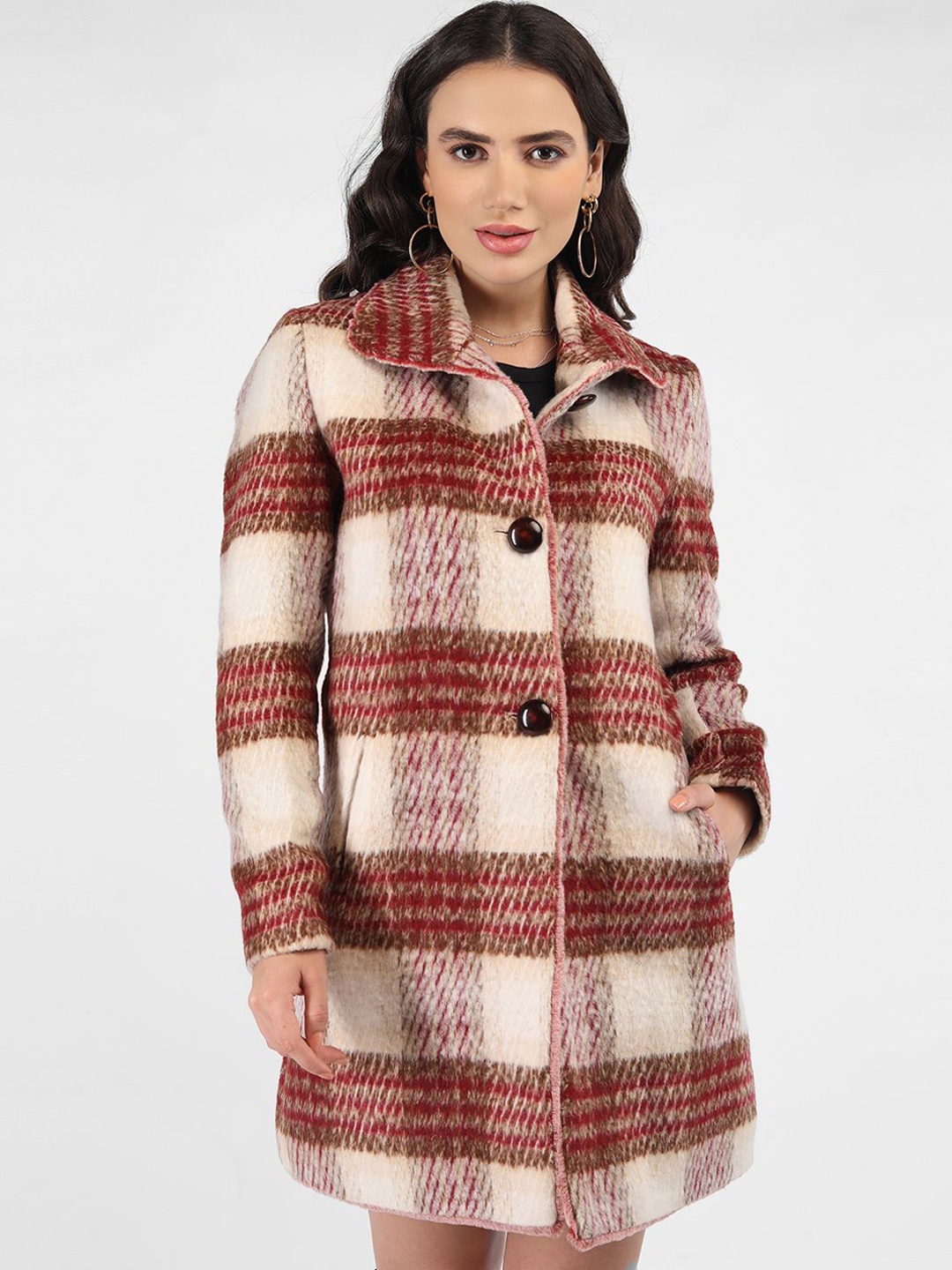 

LURE URBAN Women Checked Single-Breasted Overcoat, Red