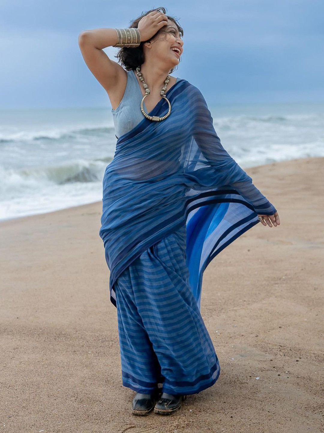 

Suta Striped Pure Cotton Saree, Blue
