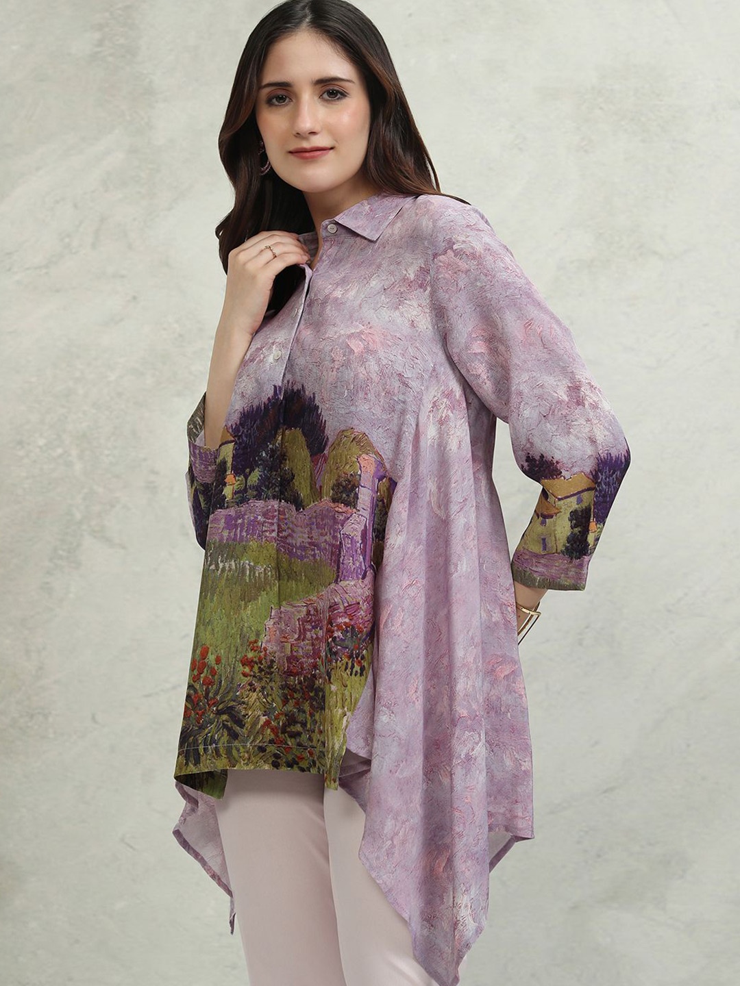 

Vishudh Print Shirt Style Longline Top, Purple