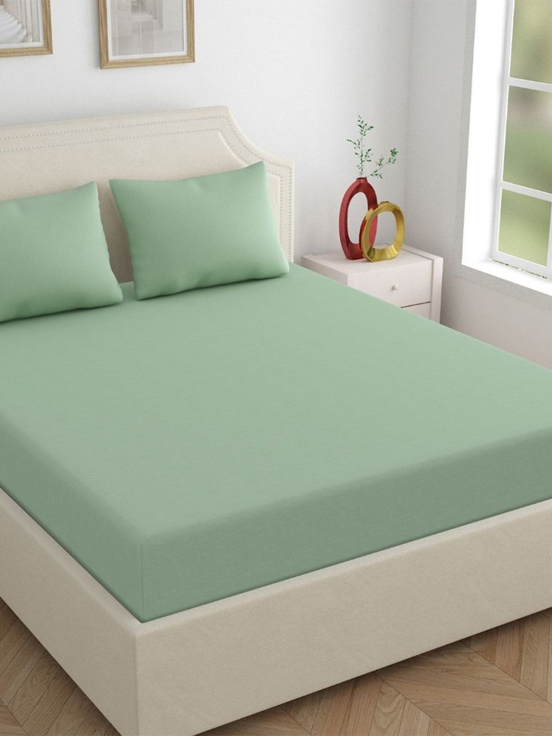 

haus & kinder Green 180 TC Pure Cotton Fitted King Bedsheet with 2 Pillow Covers
