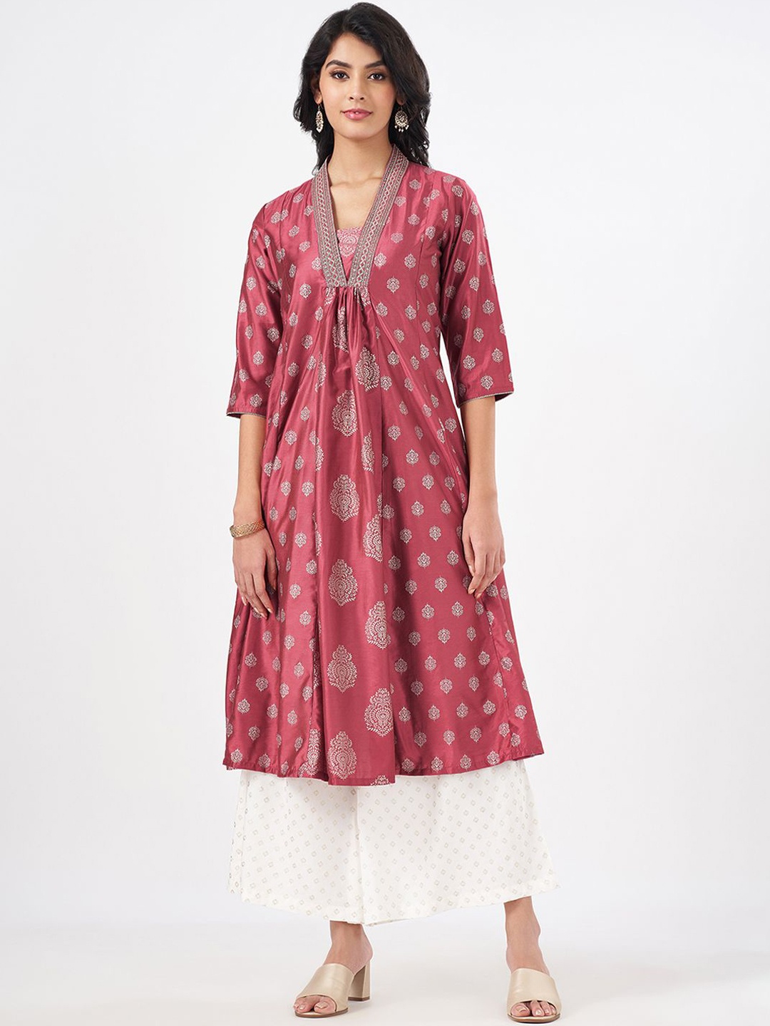 

RANGMANCH BY PANTALOONS Ethnic Motifs Printed Thread Work A-Line Kurta, Pink