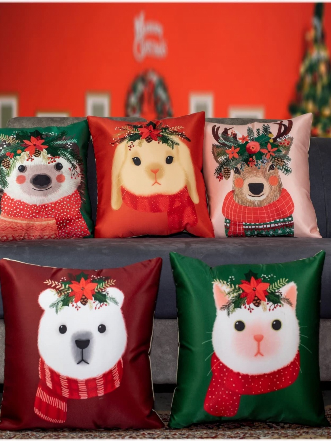 

Vendola Red & White 5 Pieces Abstract Satin Square Cushion Covers
