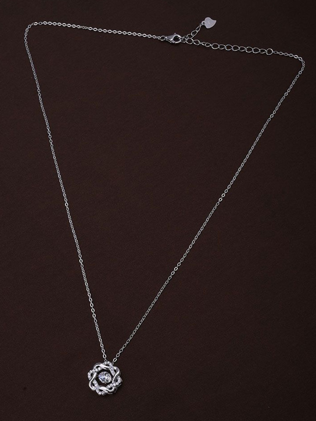 

PALMONAS Silver Plated Stainless Steel Cubic Zirconia Studded Floral Pendant with Chain