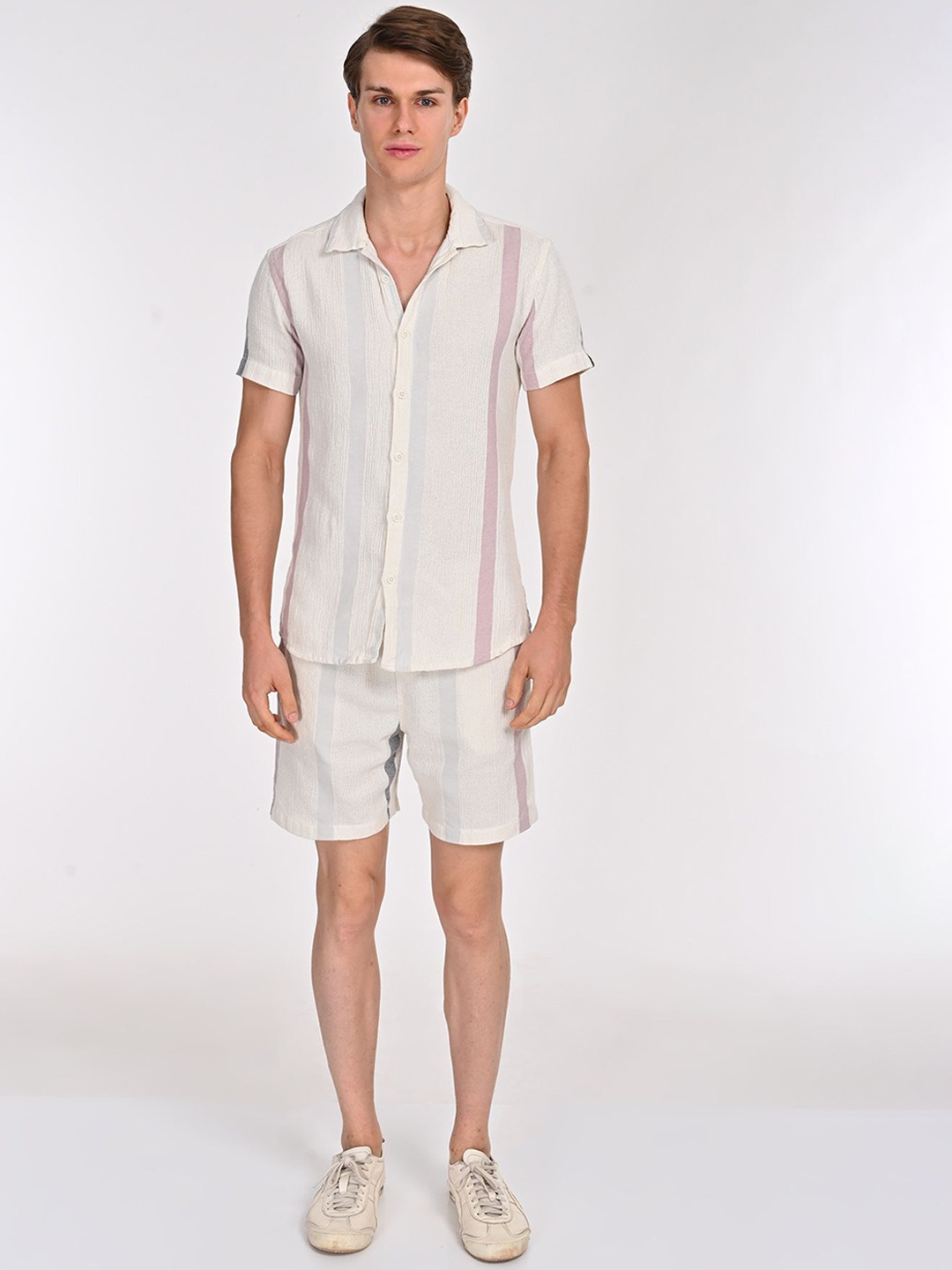 

POE Striped Pure Cotton Shirt With Shorts Co-Ords, Off white