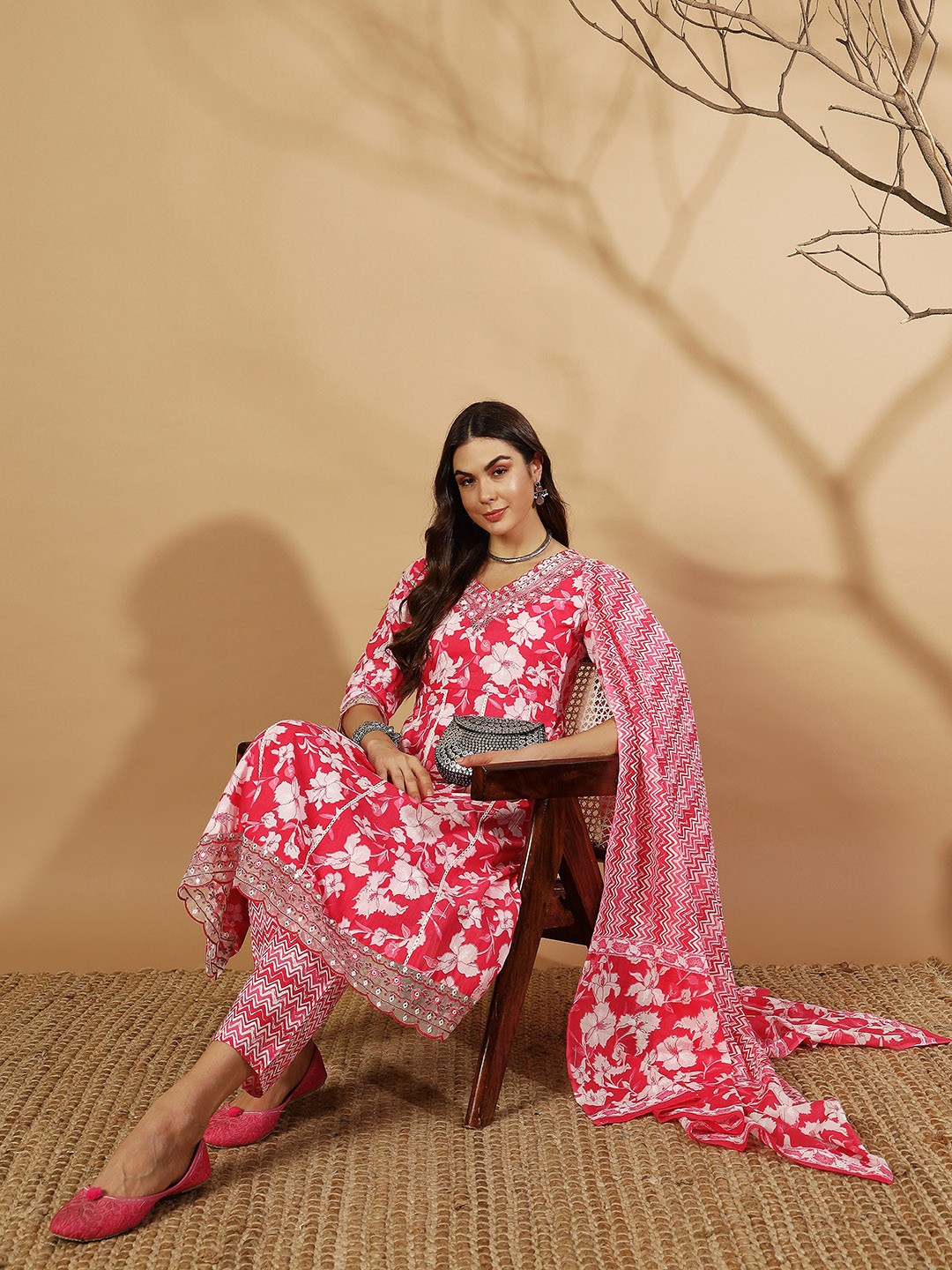 

IkDaiya Floral Printed Mirror Work V-Neck Pure Cotton Anarkali Kurta & Trouser & Dupatta, Pink