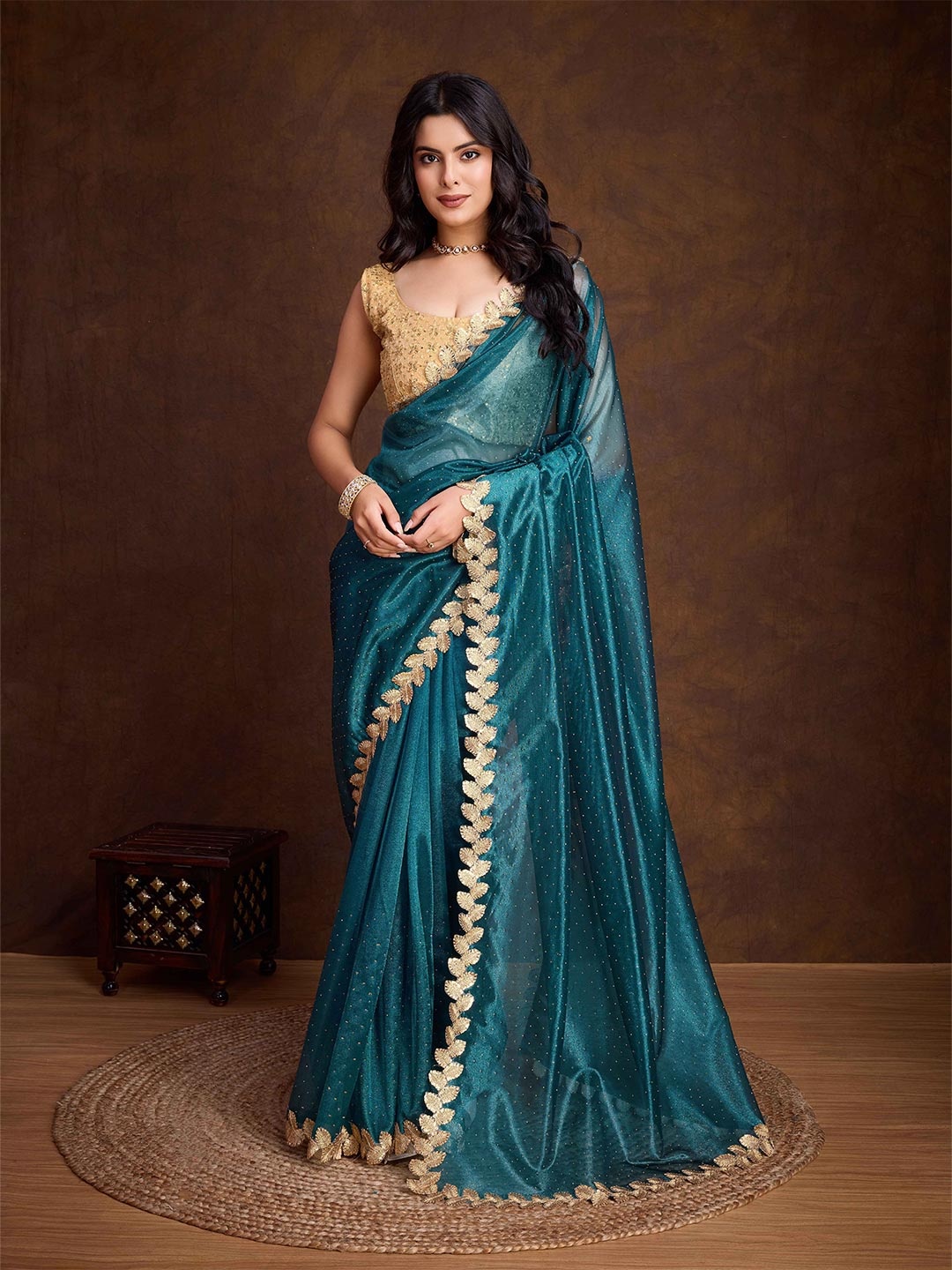 

Mitera Embellished Beads and Stones Net Saree, Teal