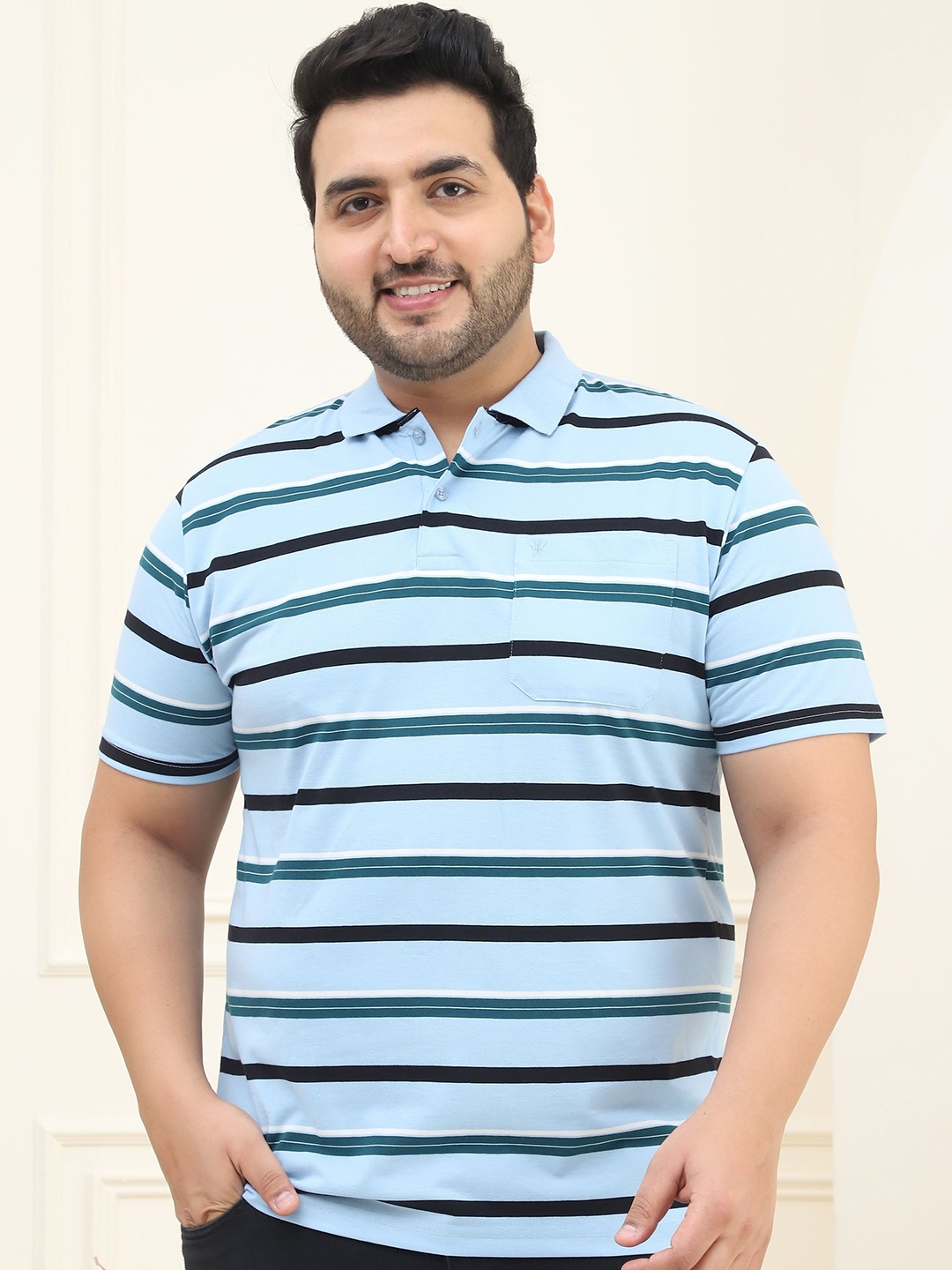 

VENITIAN Men Striped Polo Collar Cotton Plus Size T-shirt, Blue