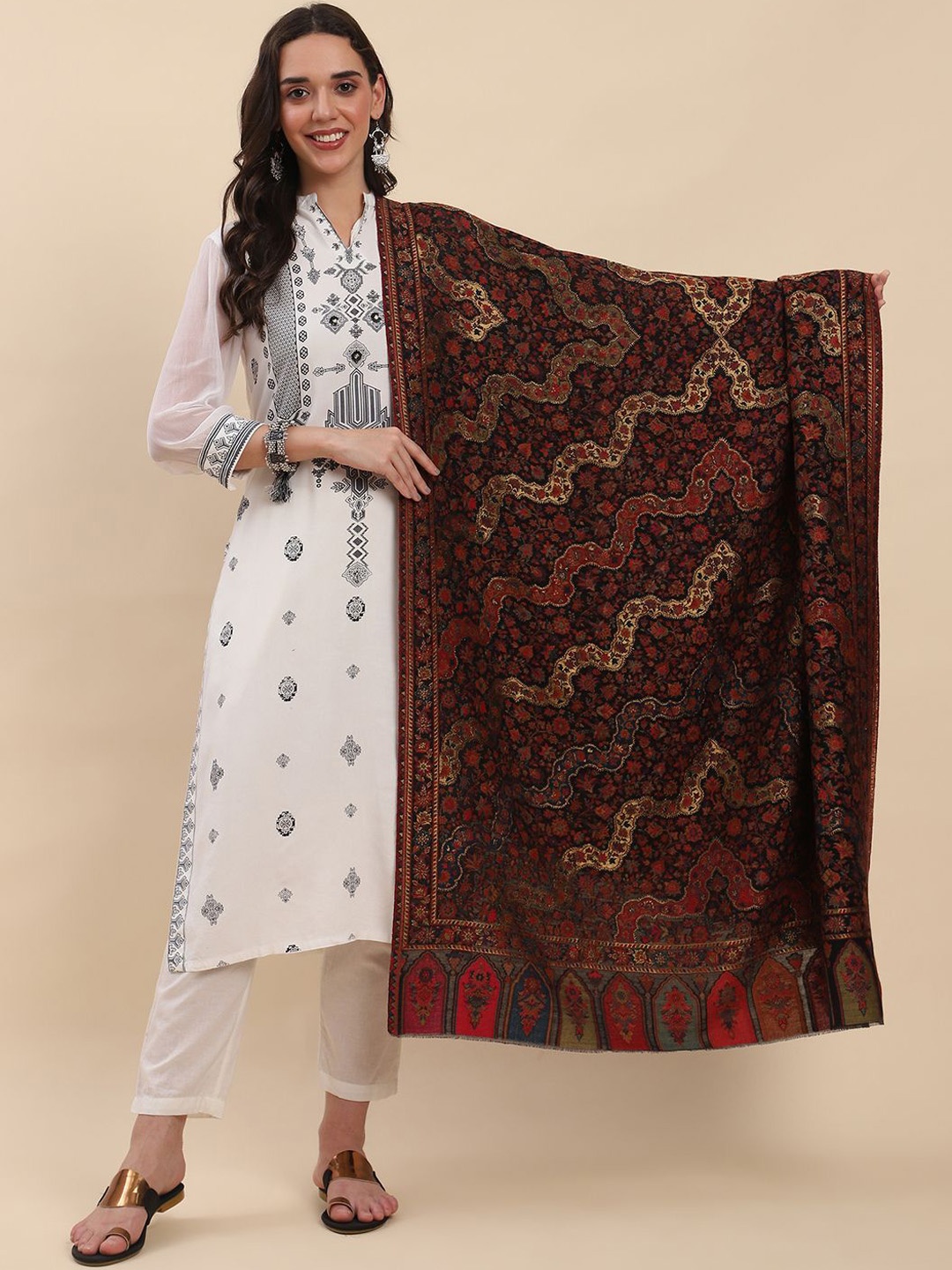

La Vastraa Women Floral Woven Design Shawl, Black