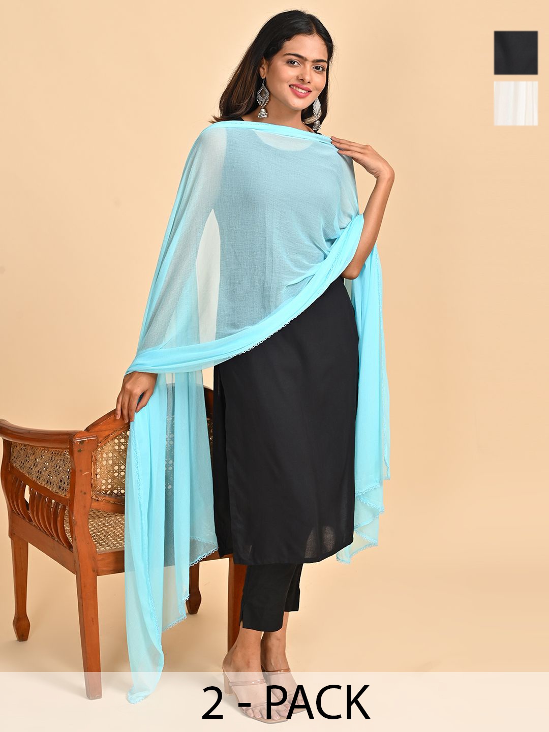 

HELLA FASHIONS Pack Of 2 Chiffon Dupattas, Blue