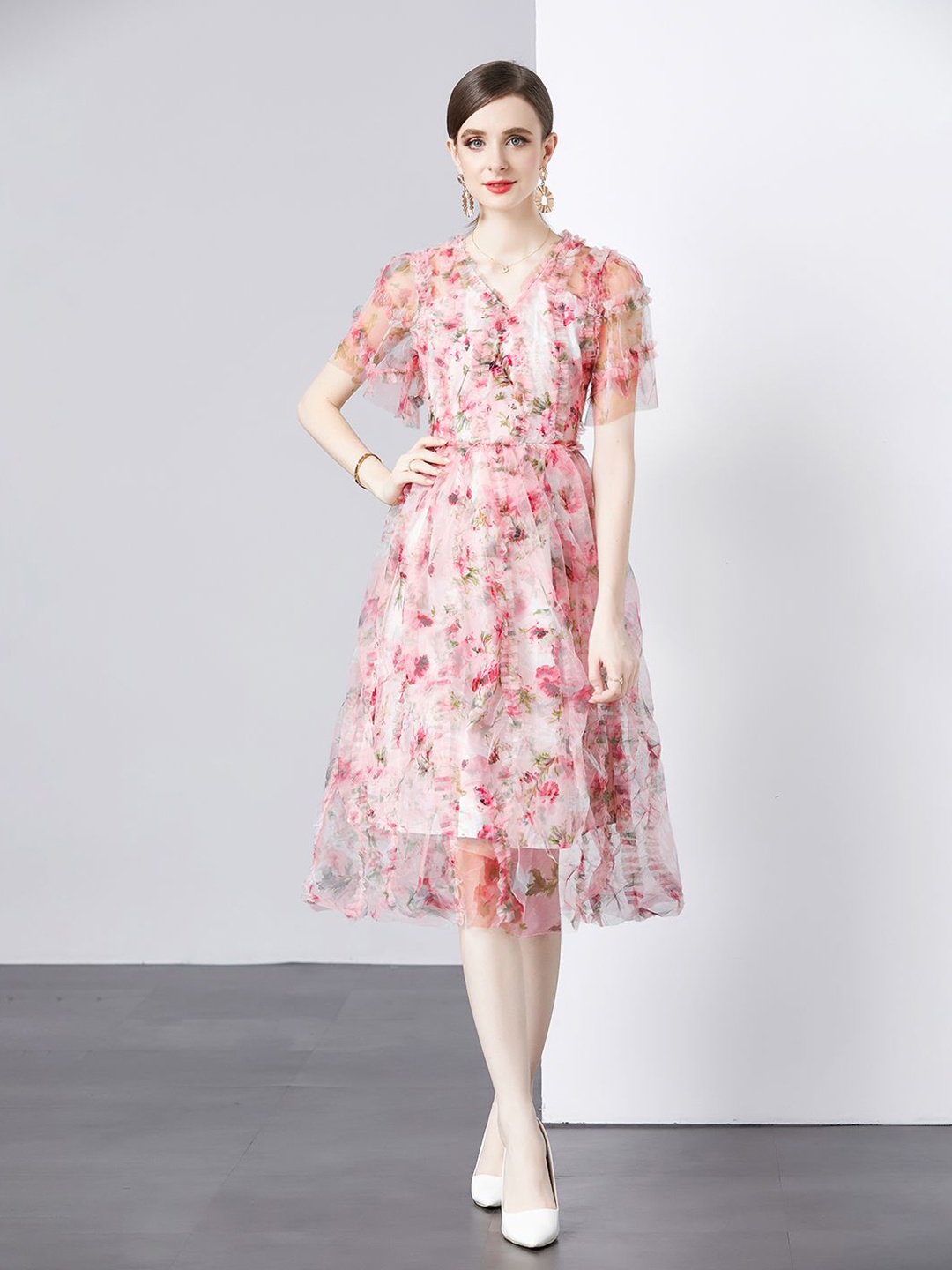 

JC Collection Floral Printed Cold-Shoulder Fit & Flare Midi Dress, Pink