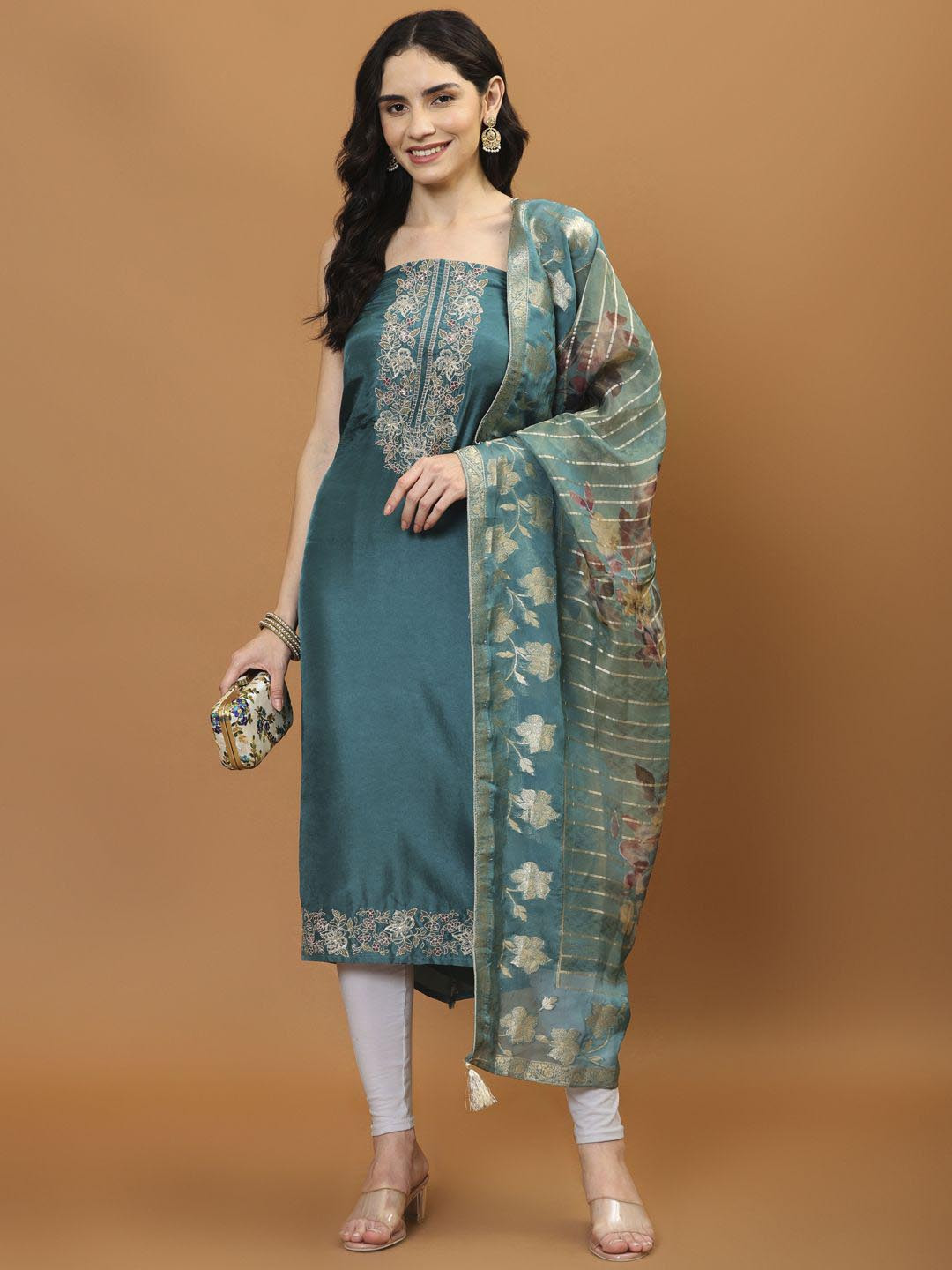 

Meena Bazaar Embroidered Art Silk Unstitched Dress Material, Blue
