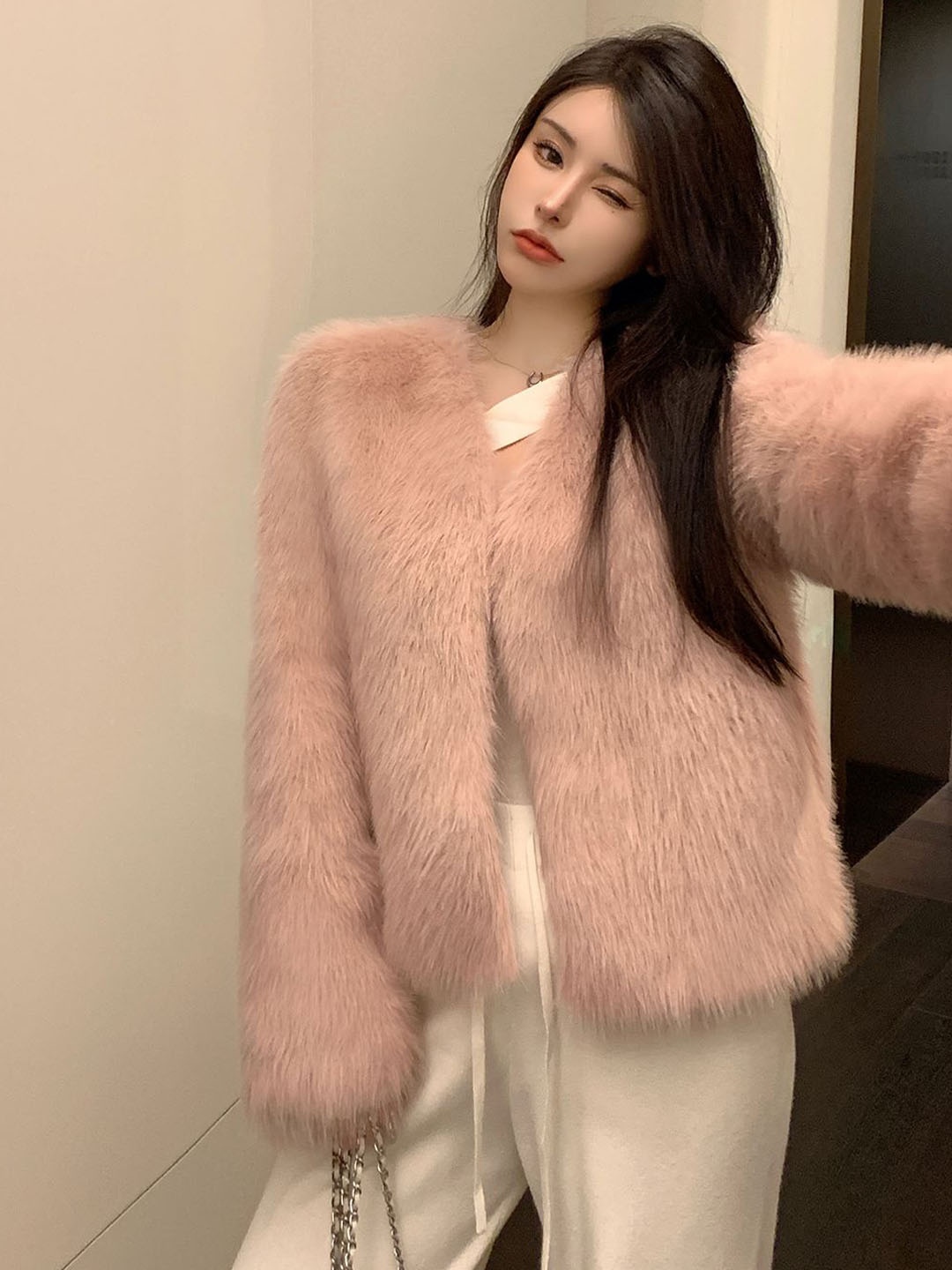 

JC Mode Front-Open Fur Overcoats, Pink