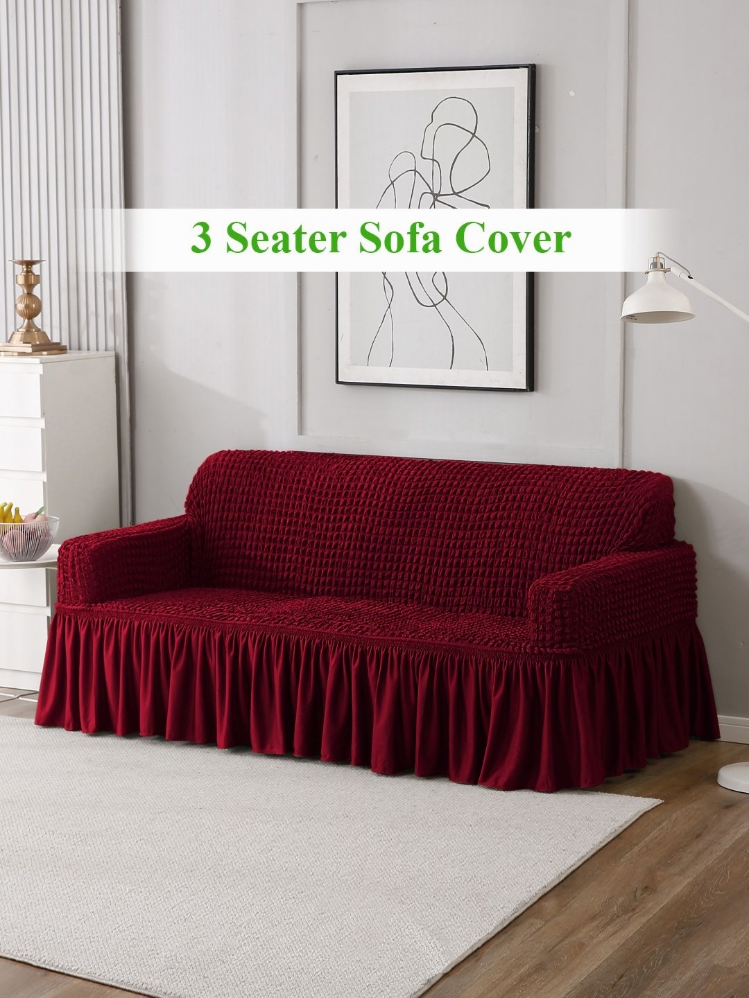 

HOKIPO Maroon Turkish Bubble 3-Seater Stretchable Sofa Cover With Arms