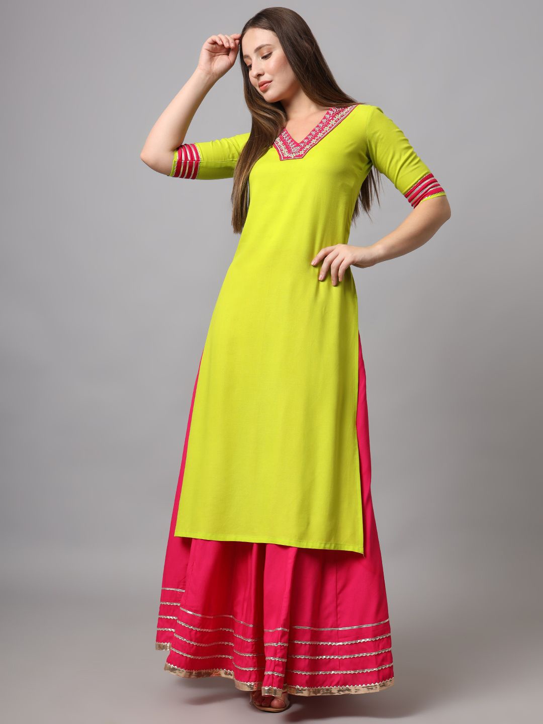 

KALINI V-Neck Straight Mirror Work Kurta With Skirt, Green