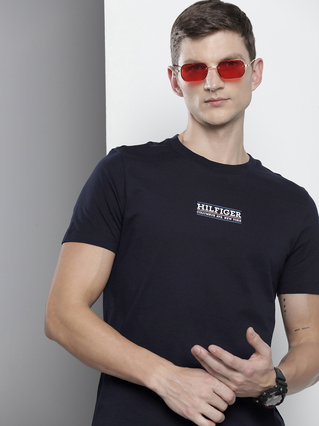 

Tommy Hilfiger Pure Cotton Brand Logo Printed Slim Fit T-shirt, Navy blue