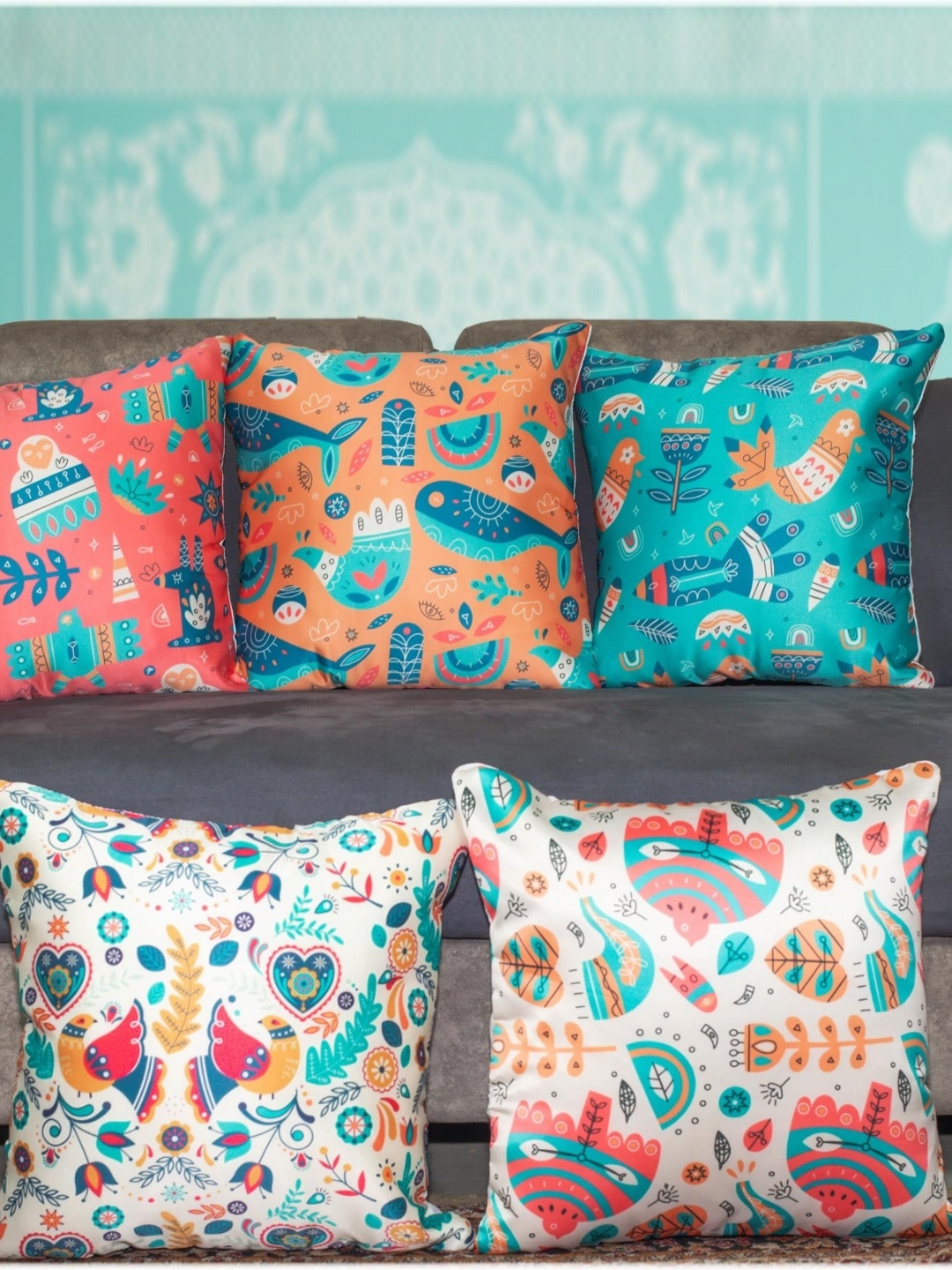 

Vendola Orange & Blue 5 Pieces Ethnic Motifs Printed Square Cushion Covers With Fillers