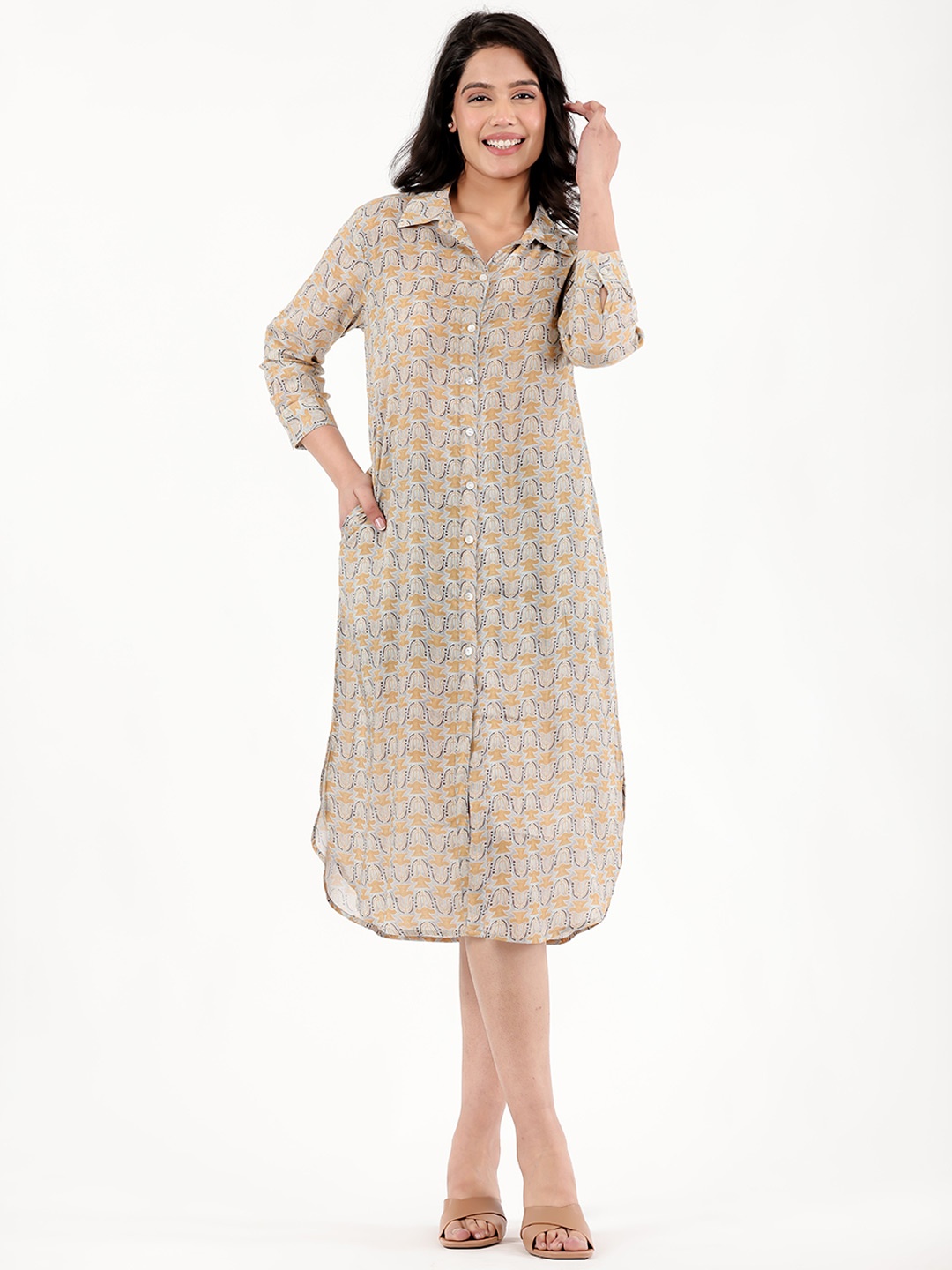 

WESTIFIED Geometric Printed Cuffed Sleeves Pure Silk Shirt Midi Dress, Olive
