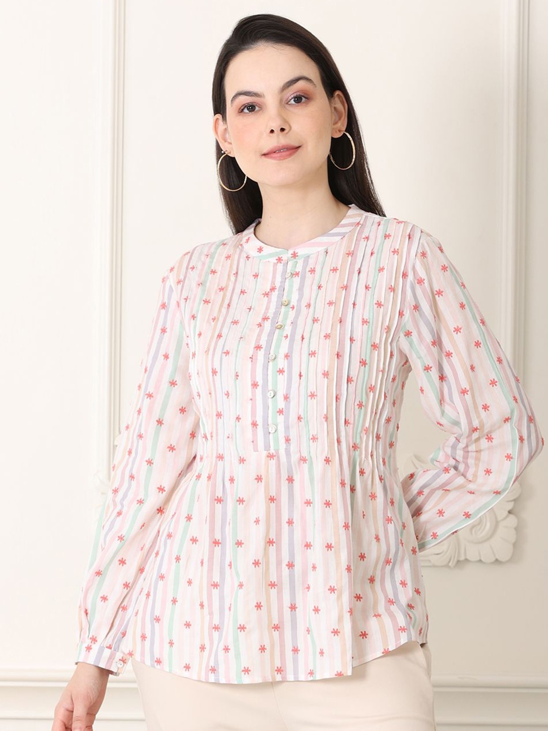 

W Floral Print Puff Sleeve Cotton Top, White