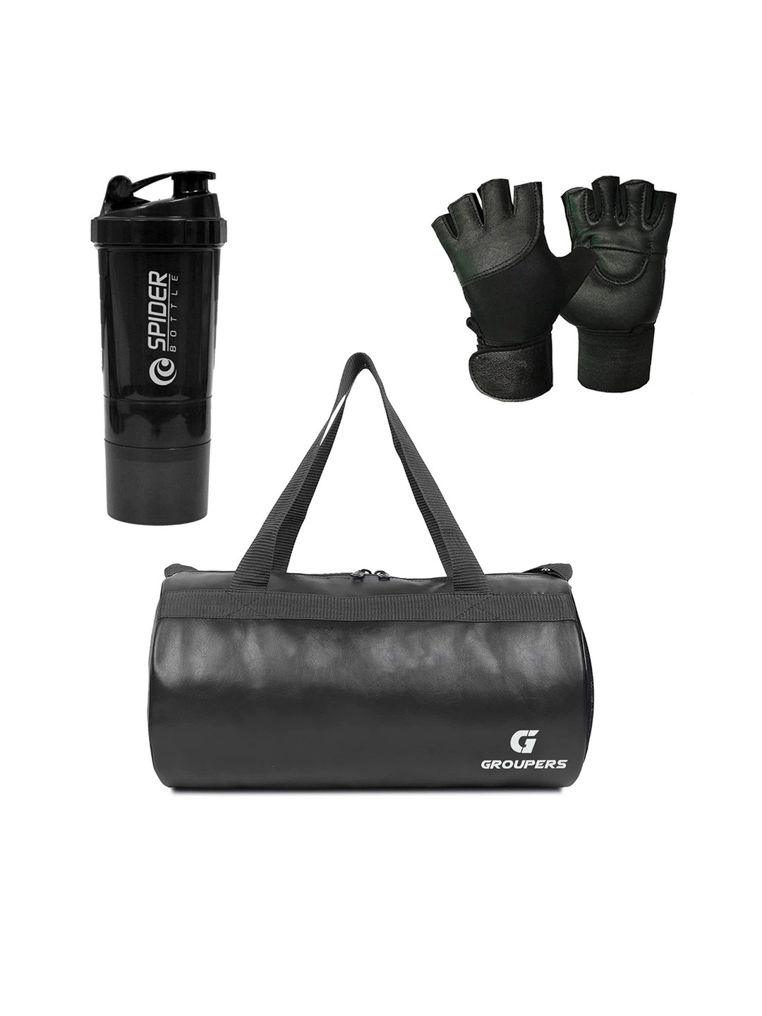 

GROUPERS Medium Foldable Sports Duffel Bag With Gloves & Shaker Bottle, Black