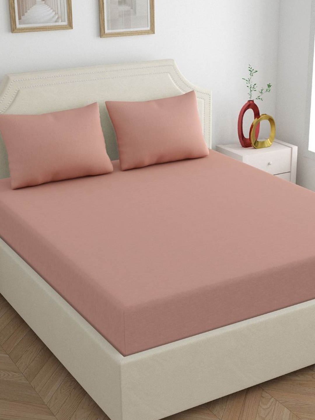 

haus & kinder Pink 180 TC Pure Cotton Fitted King Bedsheet with 2 Pillow Covers