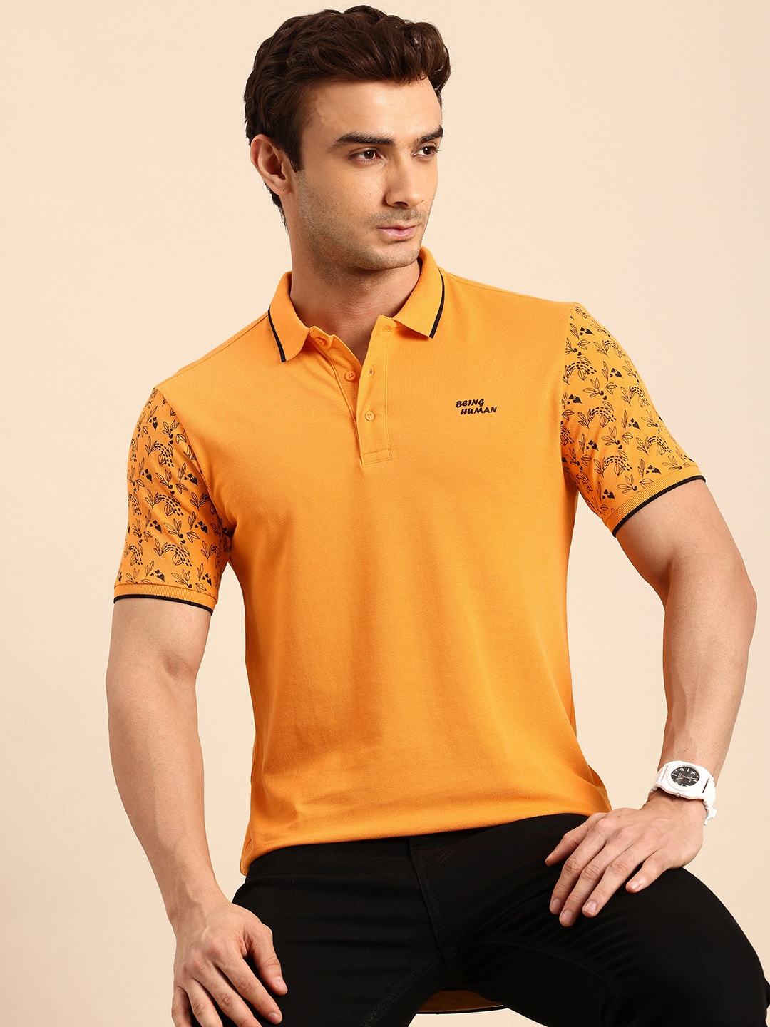 

Being Human Polo Collar Pure Cotton T-shirt, Orange