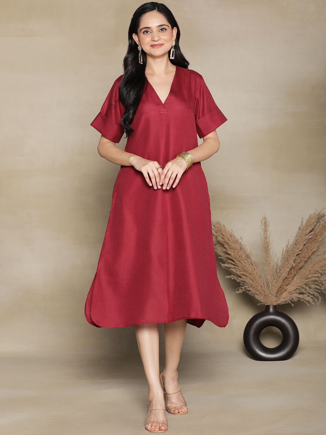 

LetsDressUp Pure Cotton A-Line Midi Dress, Maroon