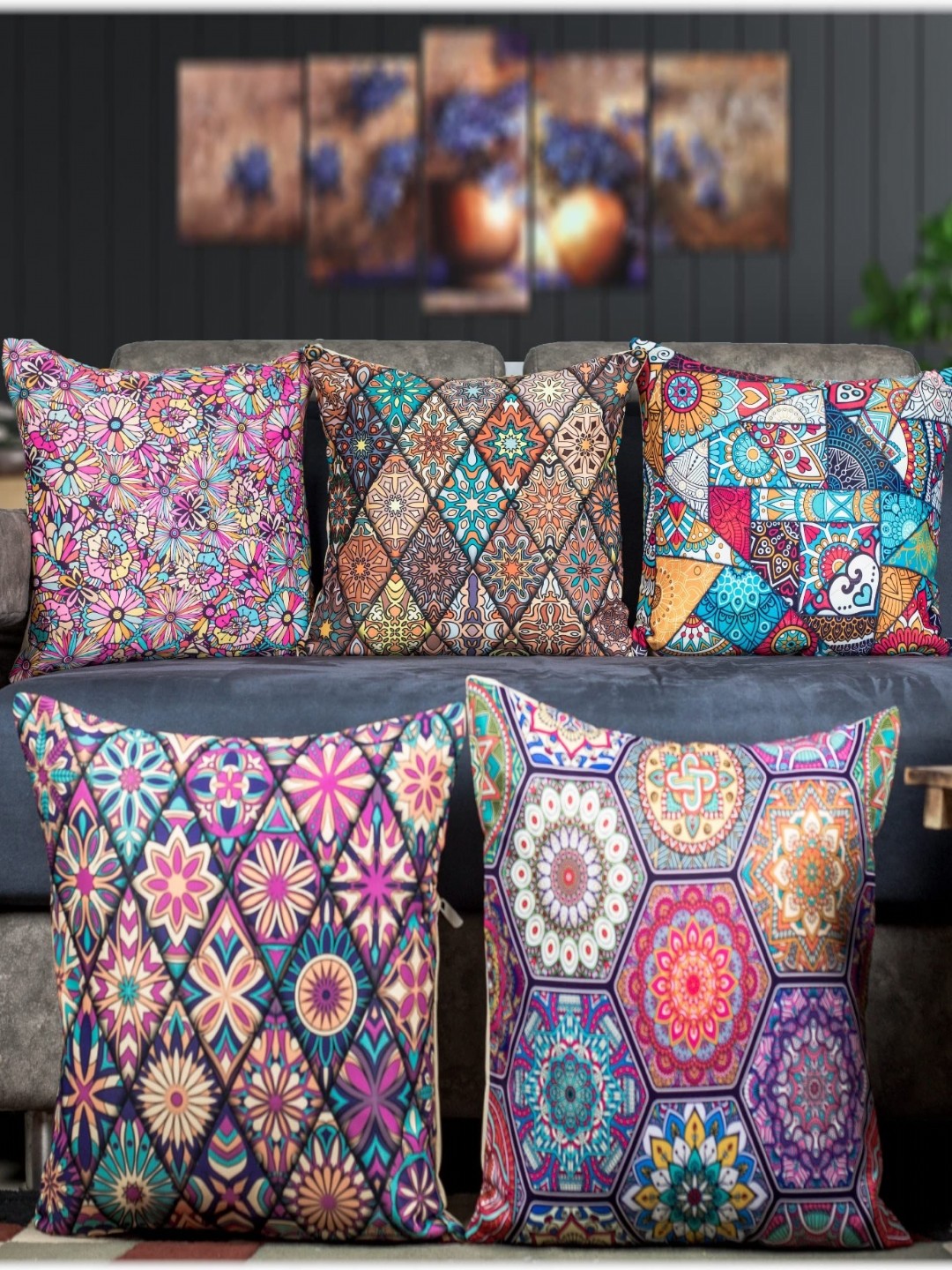 

Vendola Blue & Pink 5 Pieces Ethnic Motifs Square Cushion Covers