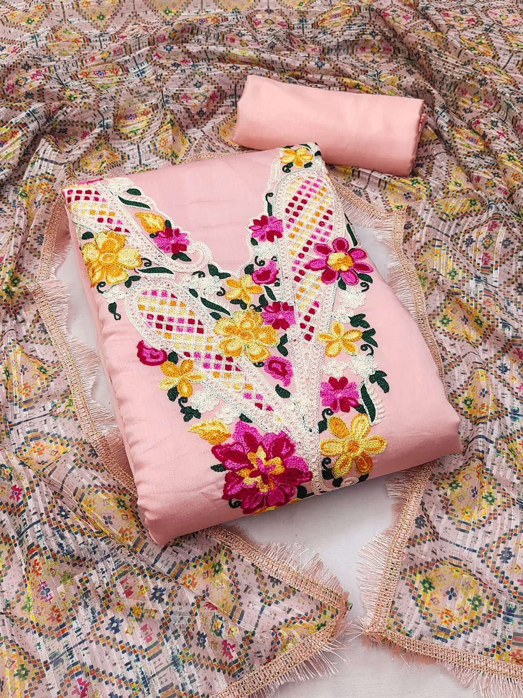 

LeeliPeeri Designer Floral Embroidered Unstitched Dress Material, Peach