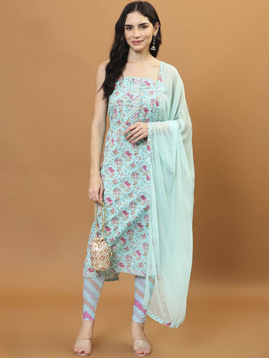 

Meena Bazaar Printed Unstitched Dress Material, Blue