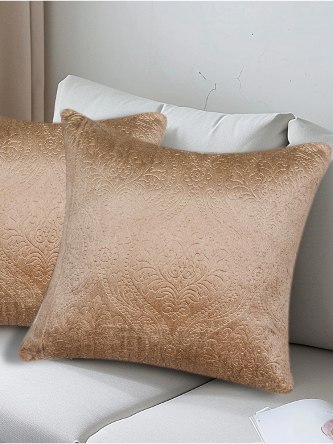 

Vendola Gold-Toned 2 Pieces Ethnic Motifs Printed Velvet Square Cushion Covers