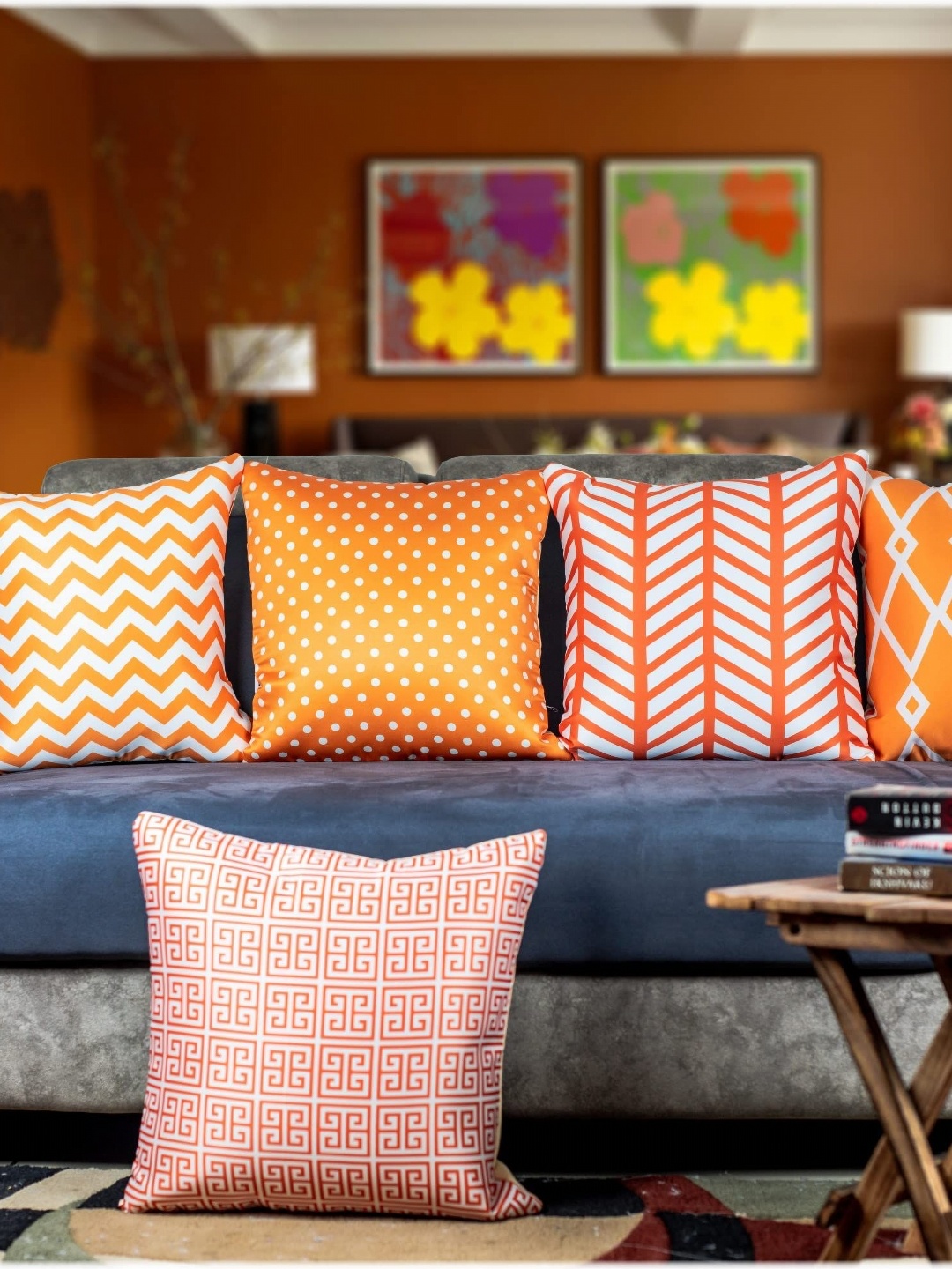 

Vendola Orange & White 5 Pieces Geometric Printed Satin Square Cushion Covers