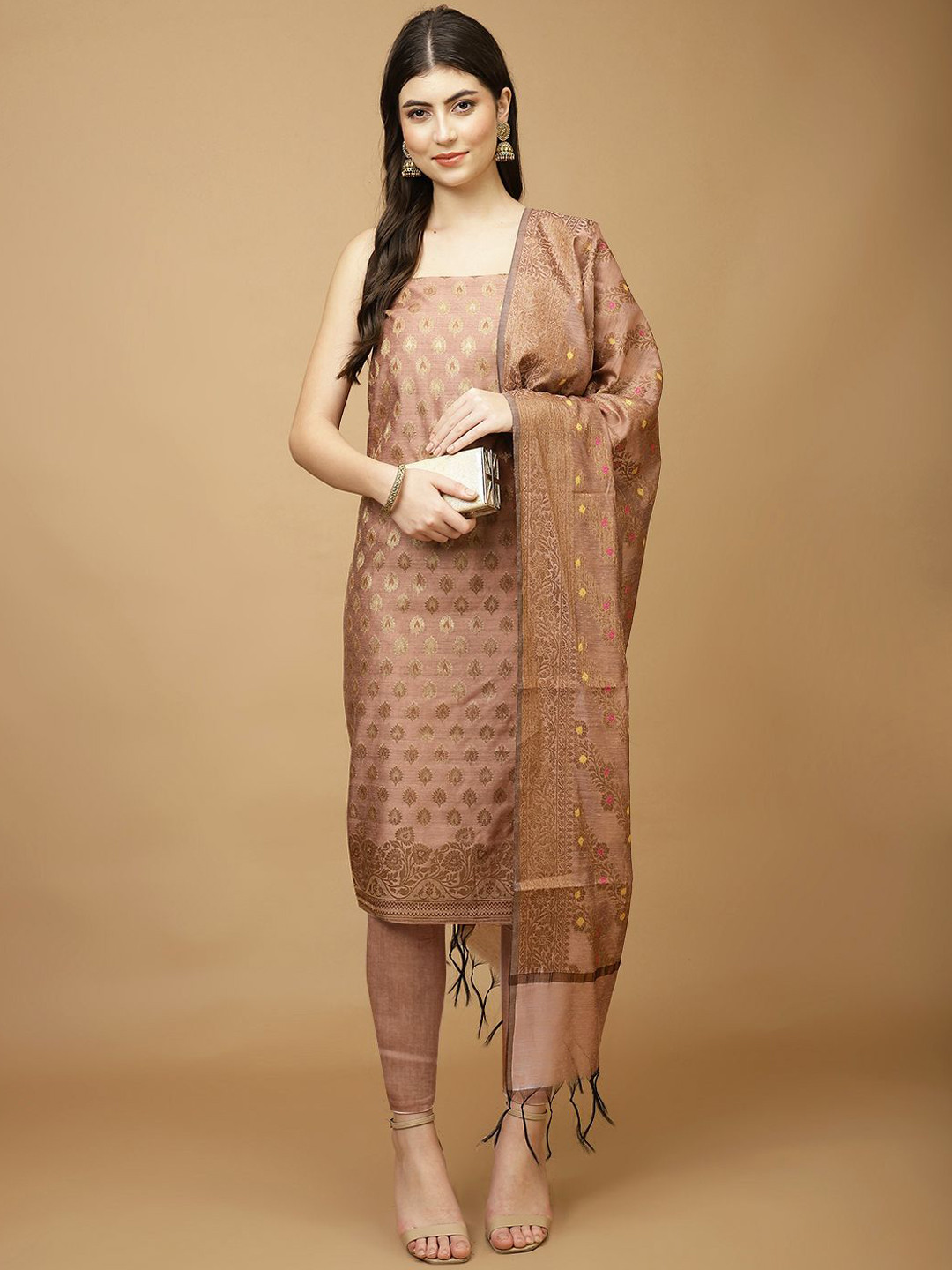 

Meena Bazaar Art Silk Unstitched Dress Material, Brown