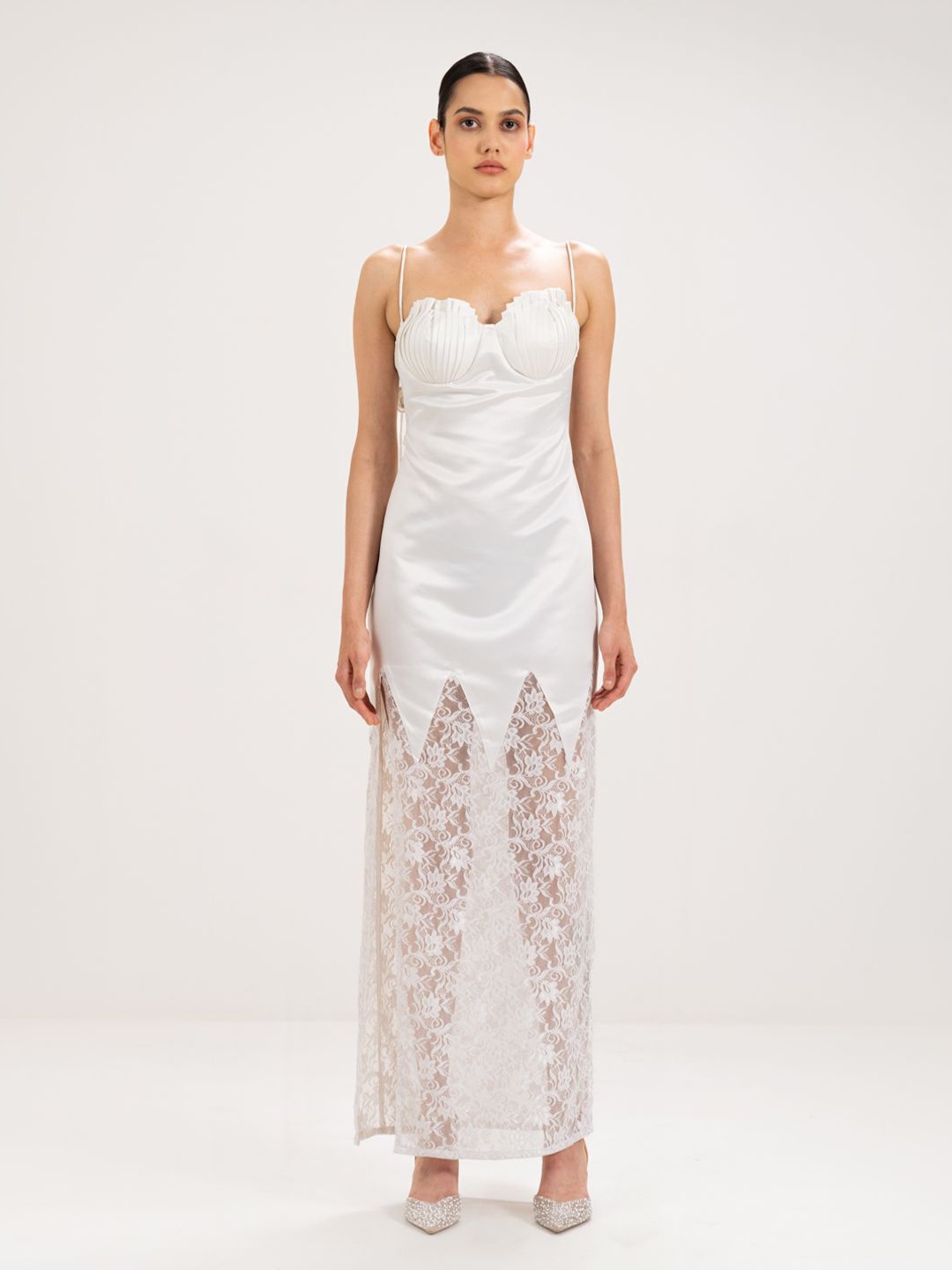 

SOTBELLA Tie-Up Neck Satin Maxi Dress, White