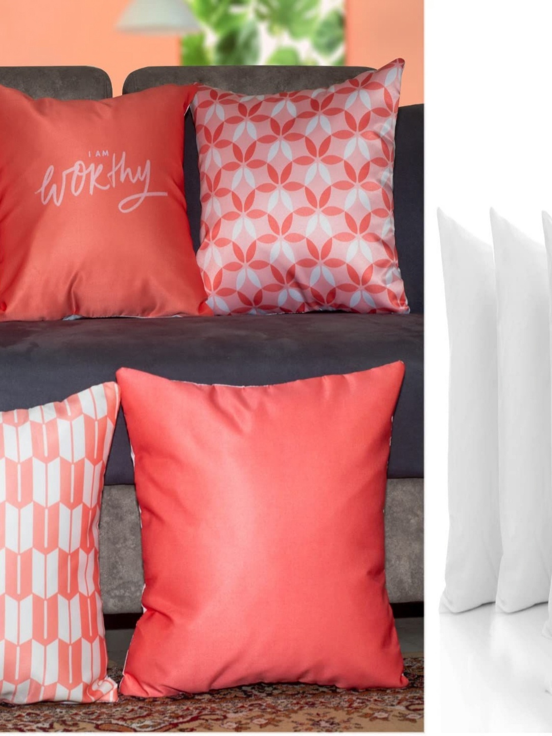 

Vendola Peach-Coloured & White 5 Pieces Geometric Printed Satin Square Cushion Covers
