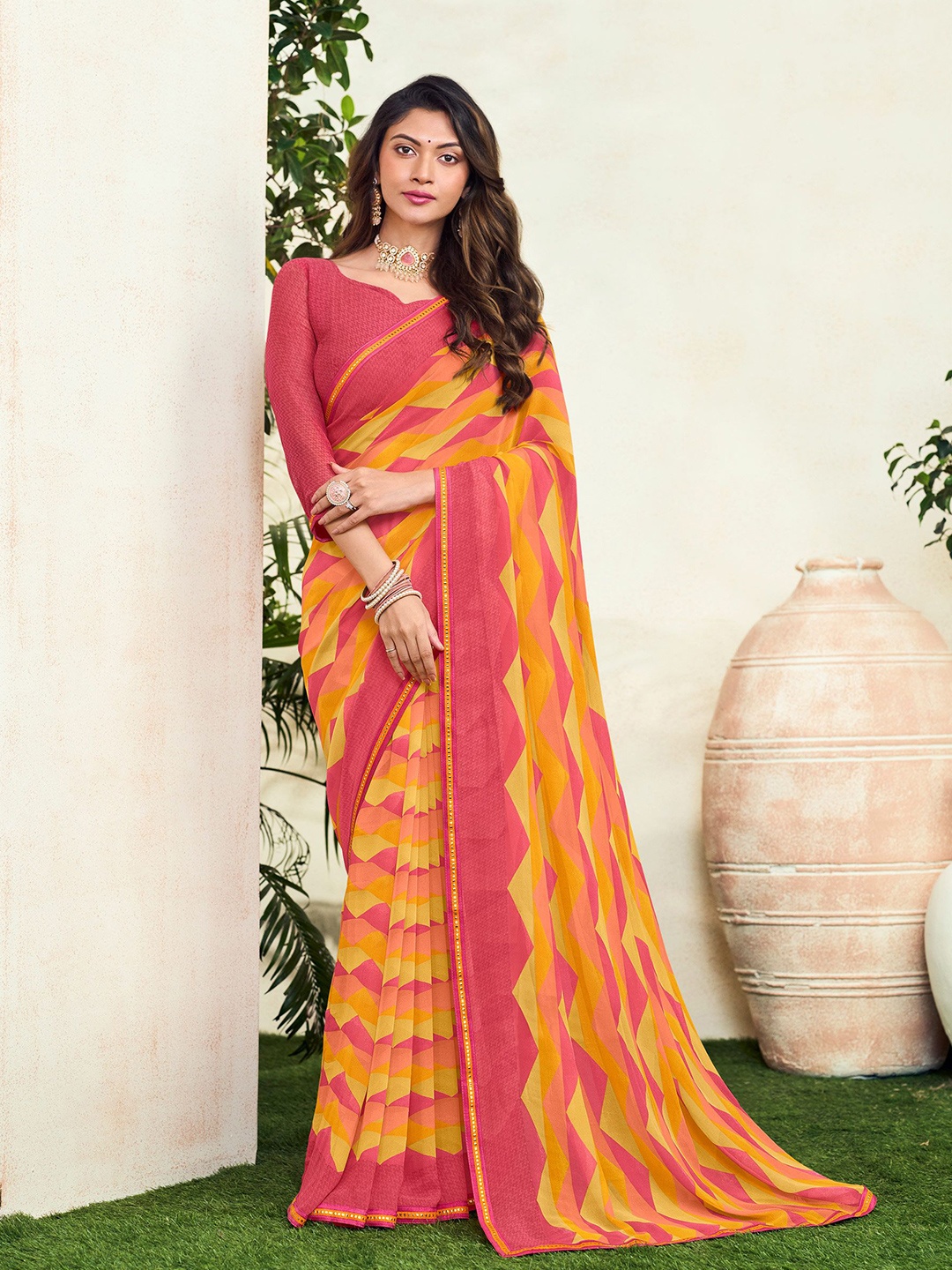 

Laxmipati Striped Embroidered Poly Georgette Saree, Pink