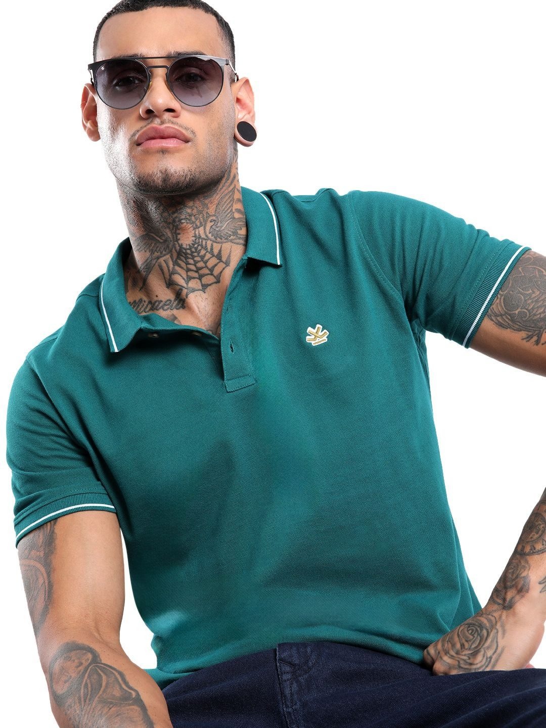 

WROGN Men Graphic Printed Polo Collar Pure Cotton Slim Fit T-shirt, Blue