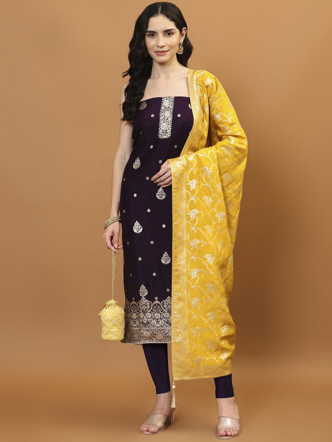 

Meena Bazaar Embroidered Art Silk Unstitched Dress Material, Mustard