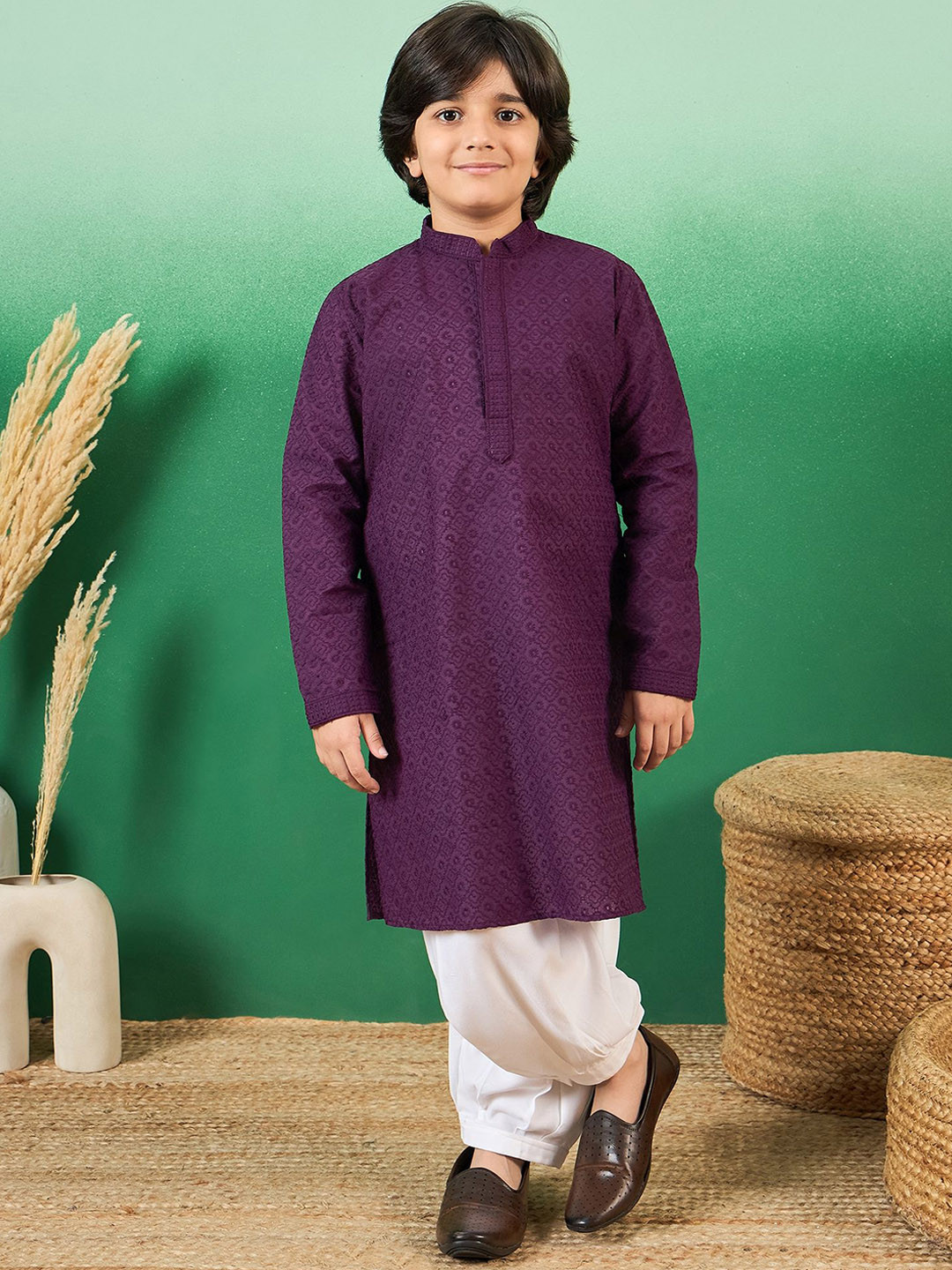 

Sangria Boys Chikankari Embroidered Cotton Straight Kurta, Purple