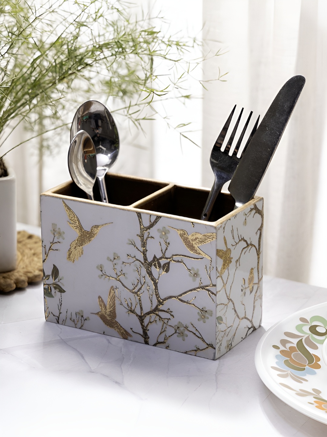 

DULI White & Gold Toned Printed Wooden Cutlery Holder